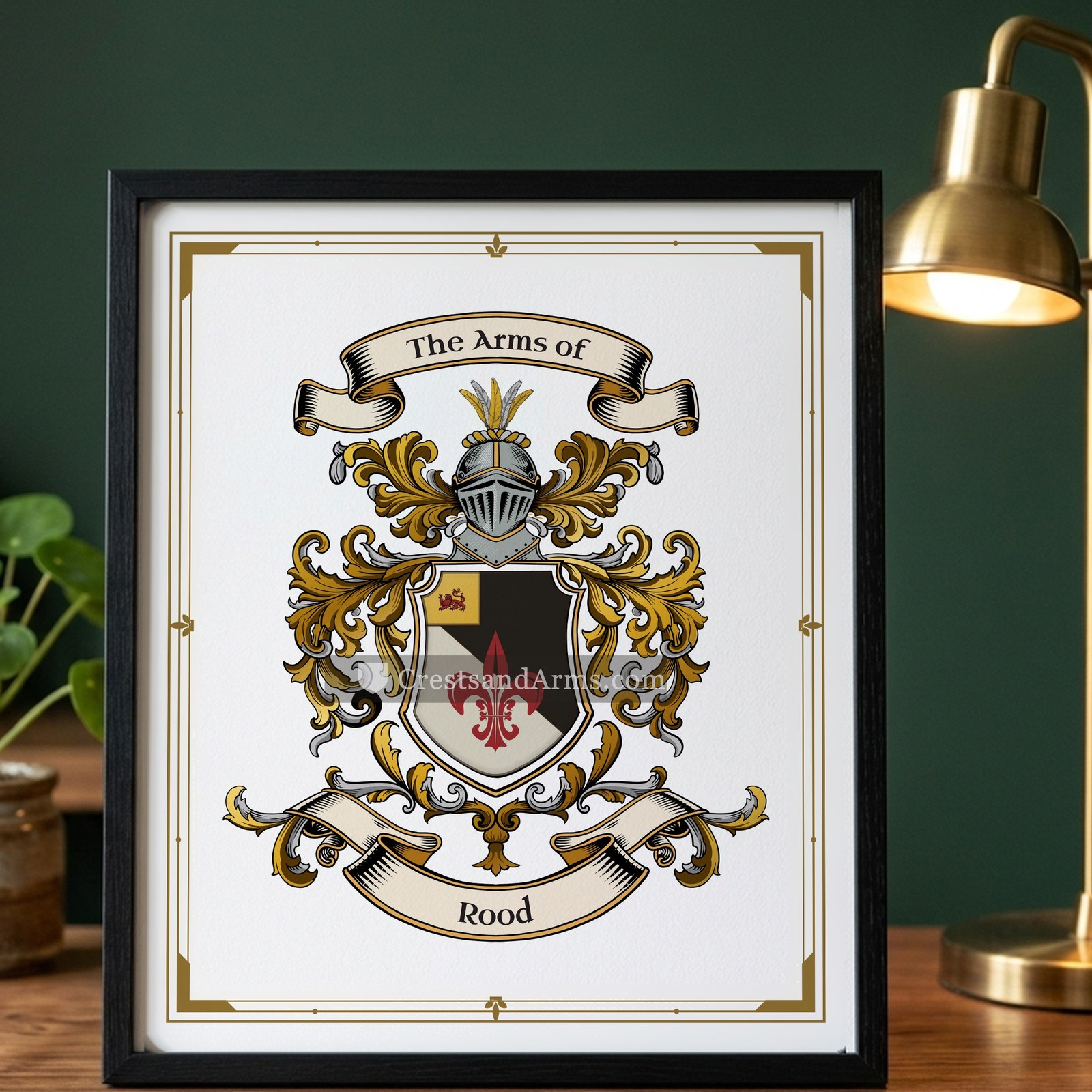 The Rood arms on the framed, black wood