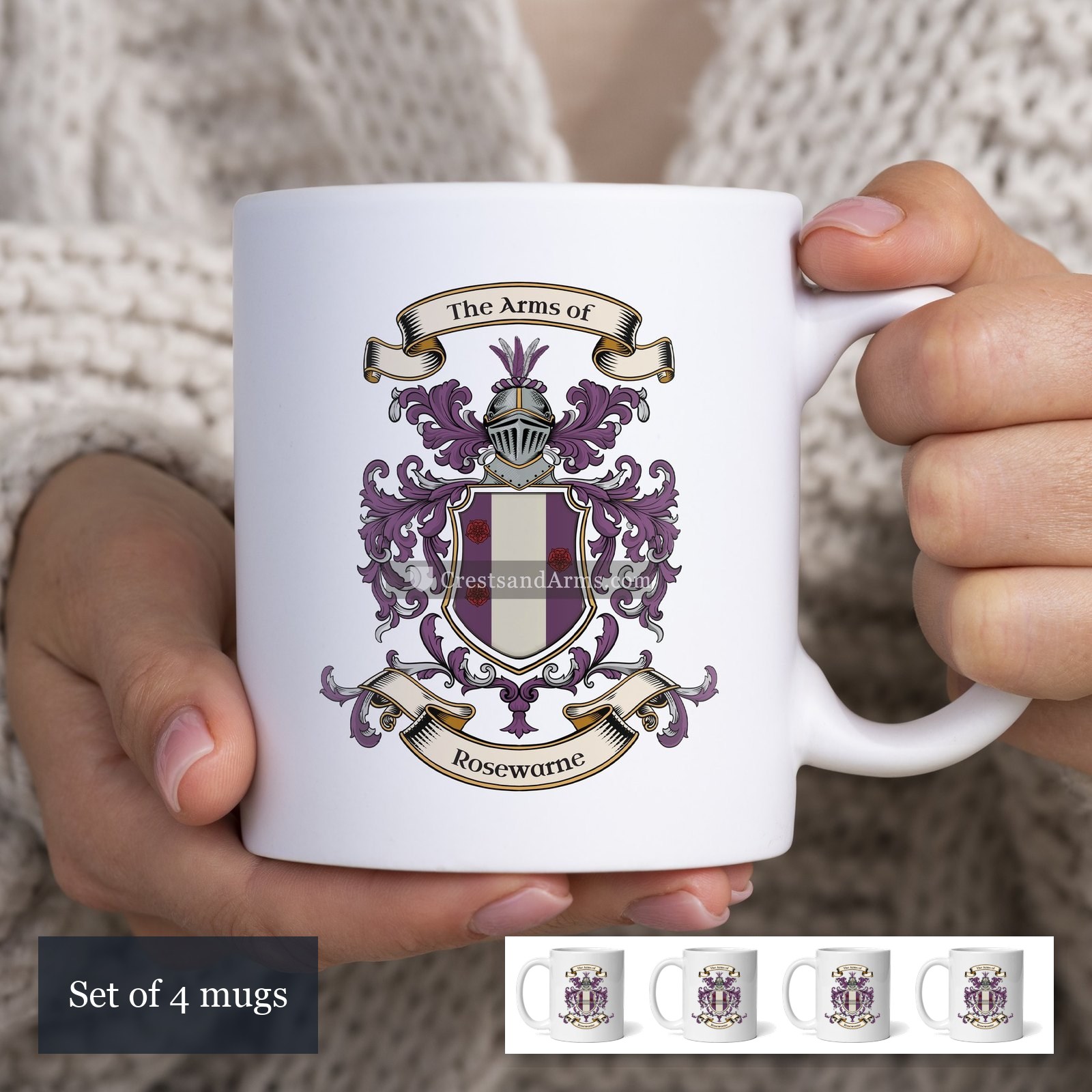 The Rosewarne arms on the set of 4 mugs