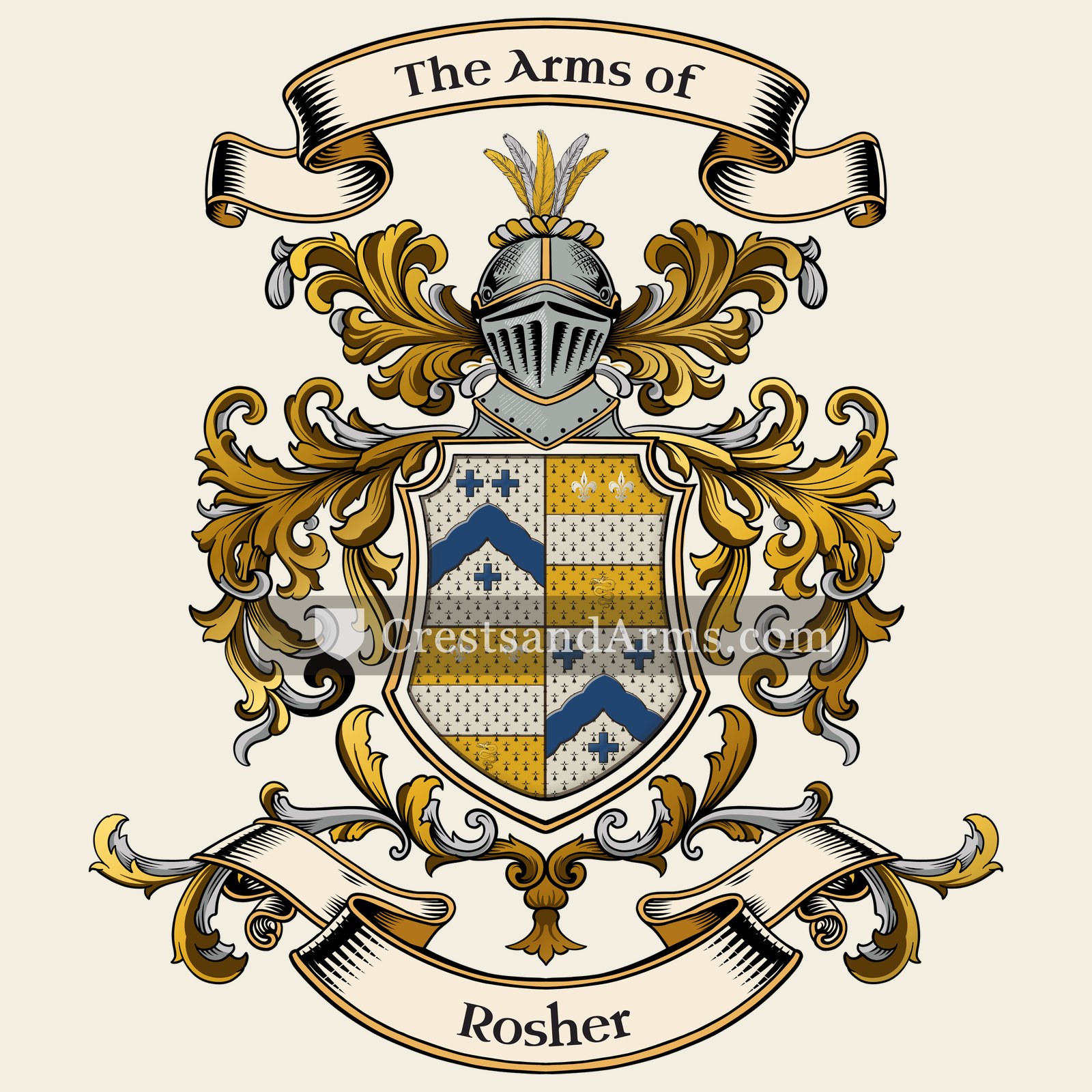 The Rosher coat of arms, drawn from the recorded blazon