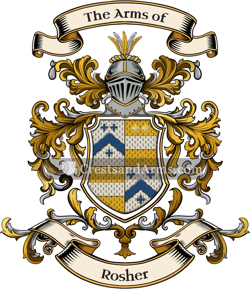 The Rosher coat of arms, drawn from the recorded blazon