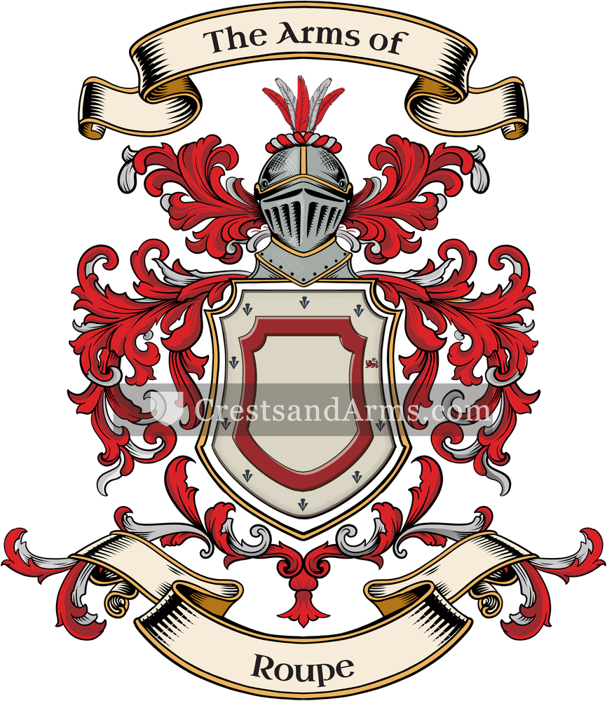The Roupe coat of arms, drawn from the recorded blazon