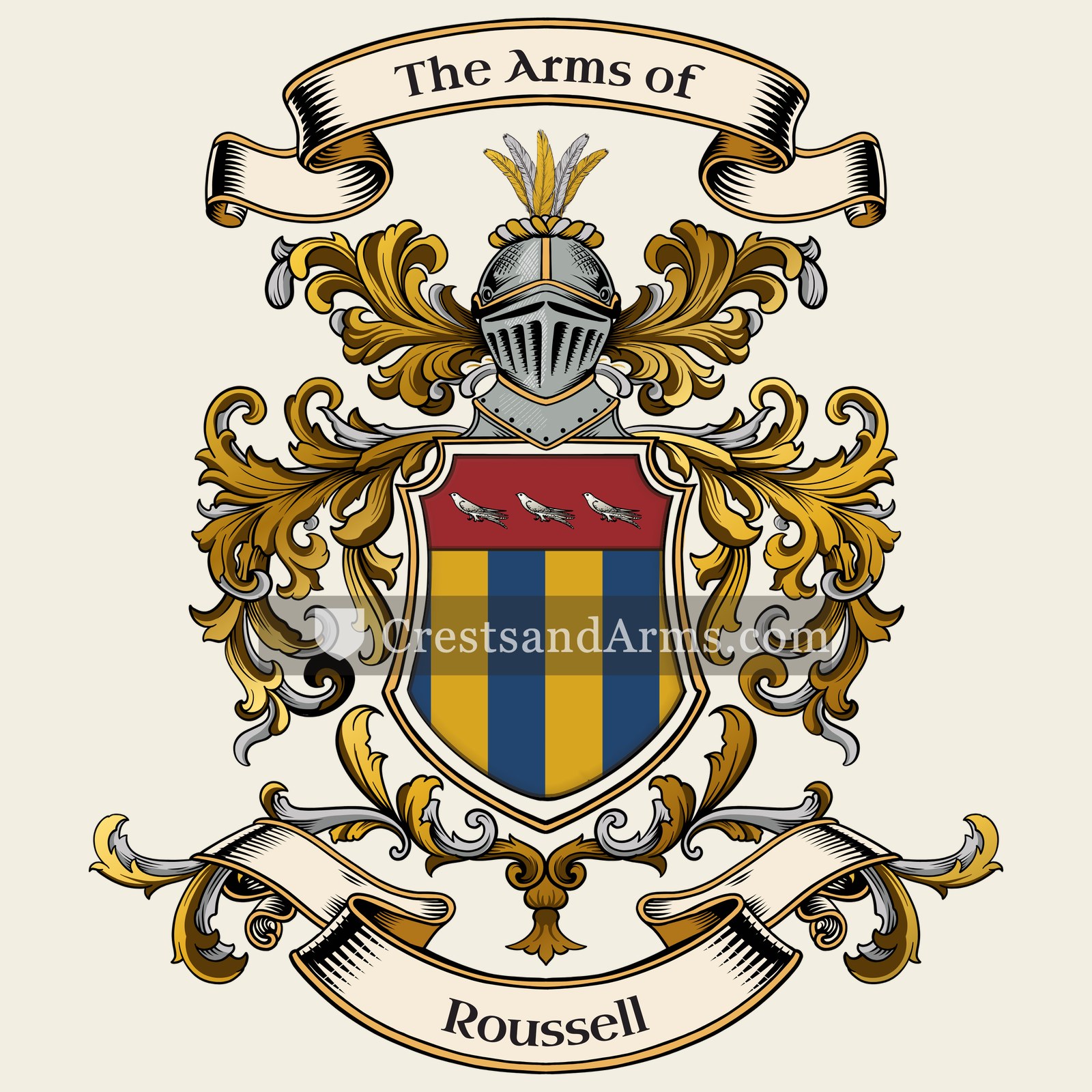 The Roussell coat of arms, drawn from the recorded blazon