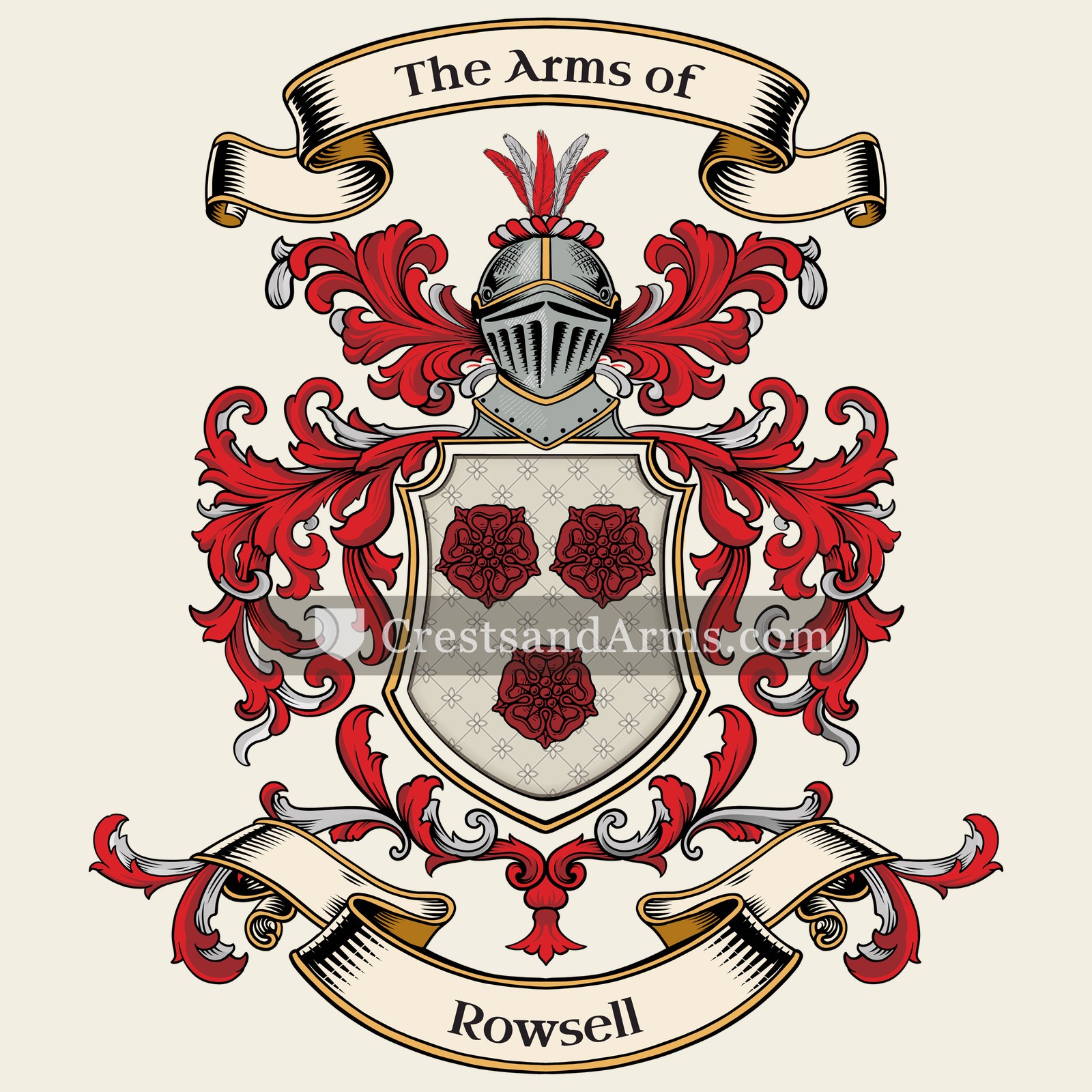 The Rowsell coat of arms, drawn from the recorded blazon