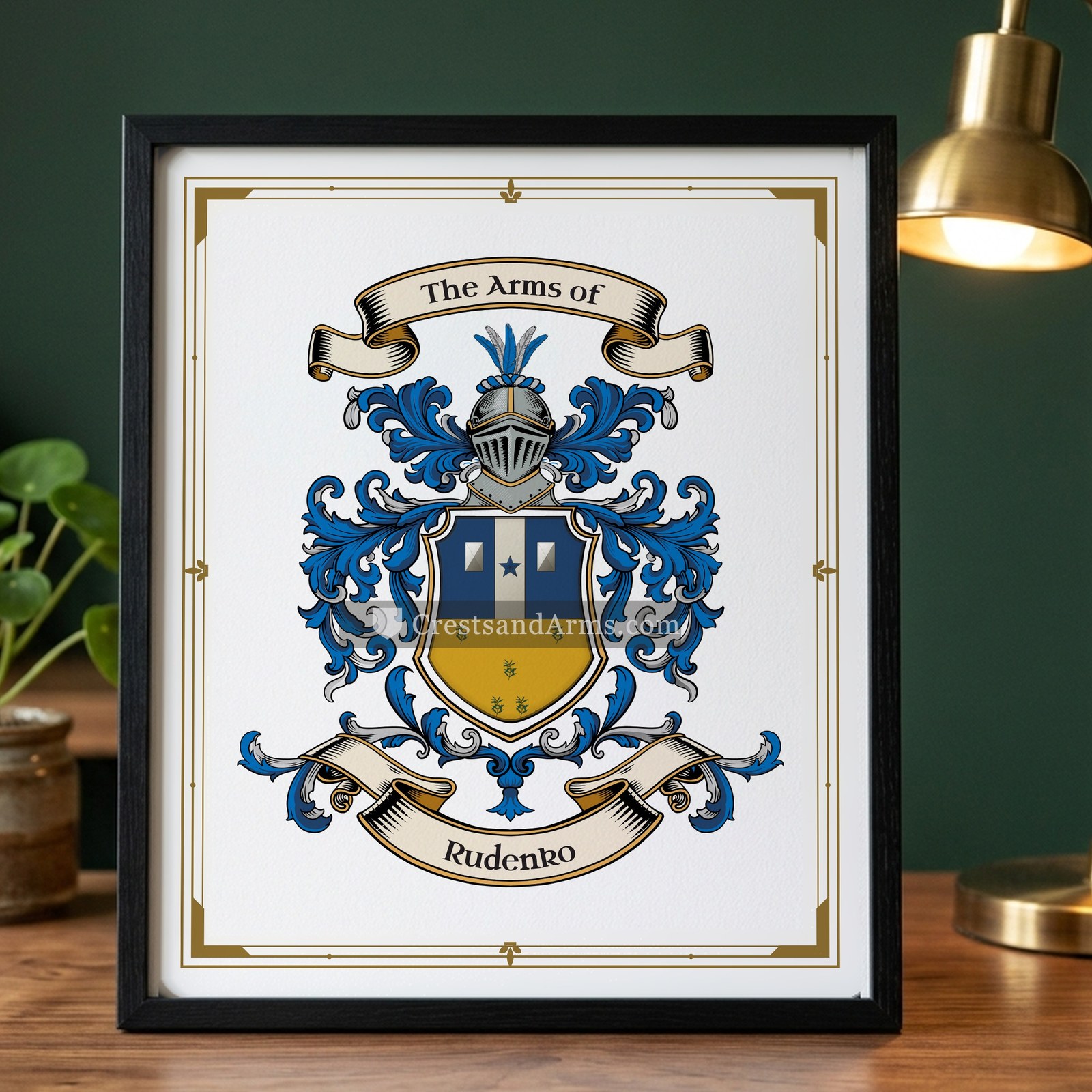 The Rudenko arms on the framed, black wood