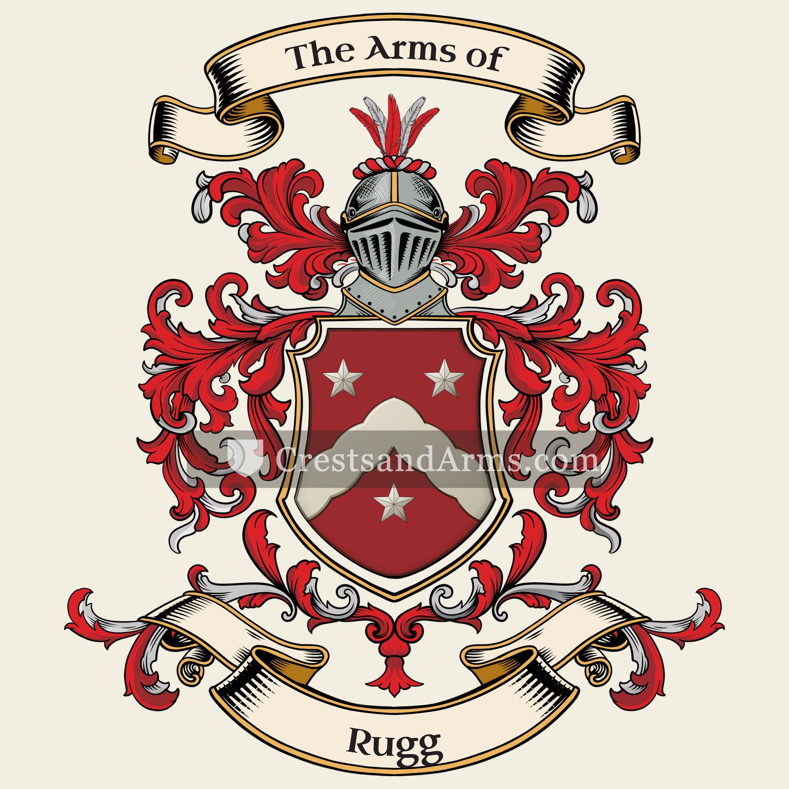 The Rugg coat of arms, drawn from the recorded blazon