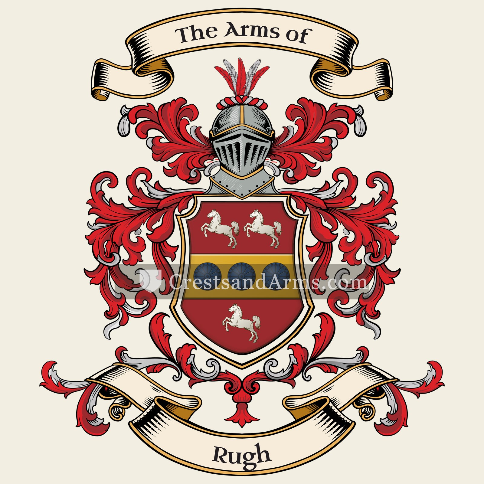 The Rugh coat of arms, drawn from the recorded blazon