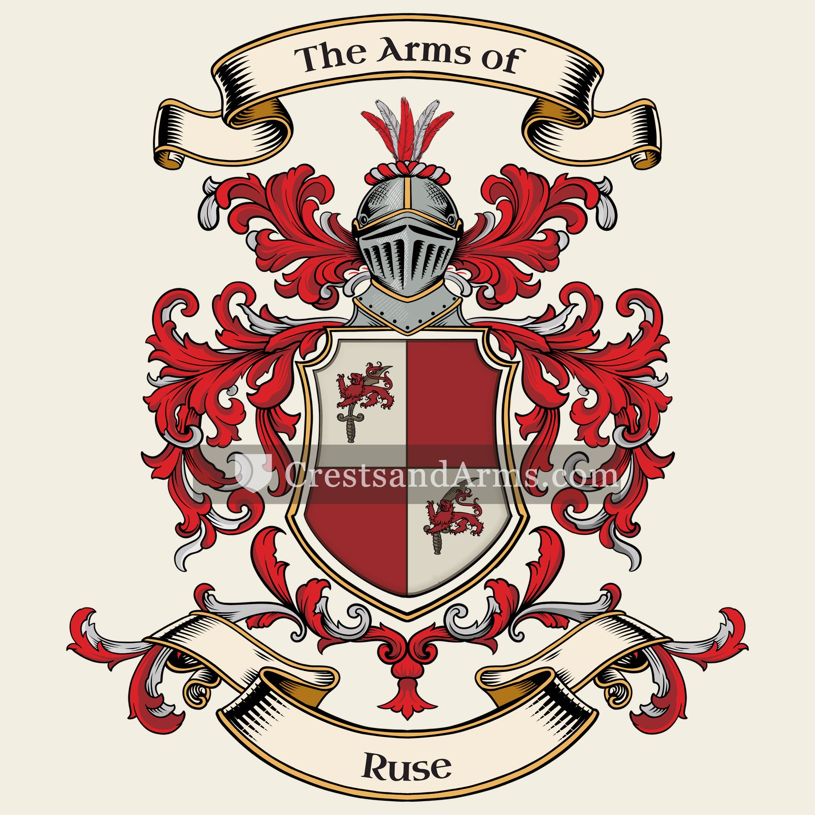 The Ruse coat of arms, drawn from the recorded blazon