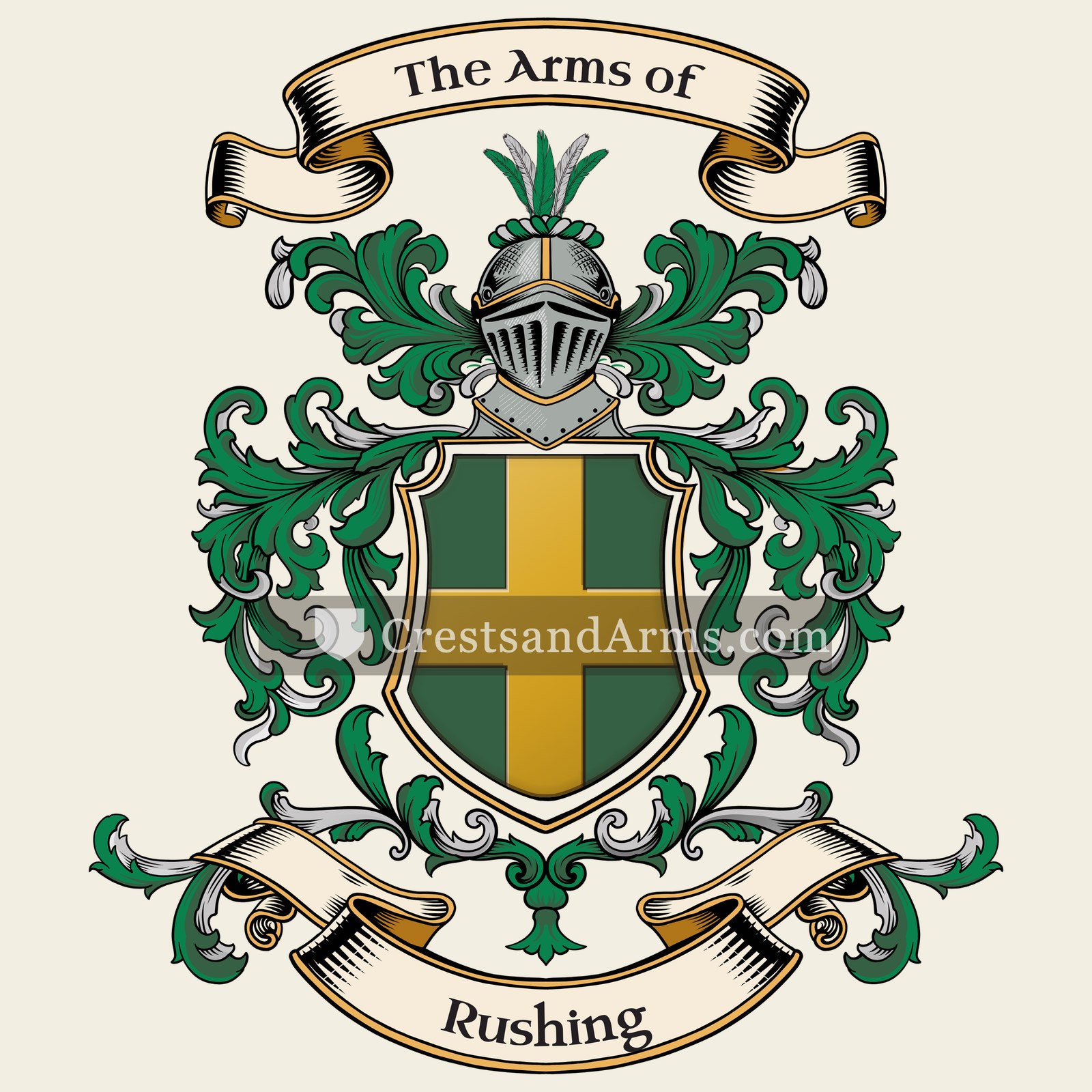 The Rushing coat of arms, drawn from the recorded blazon