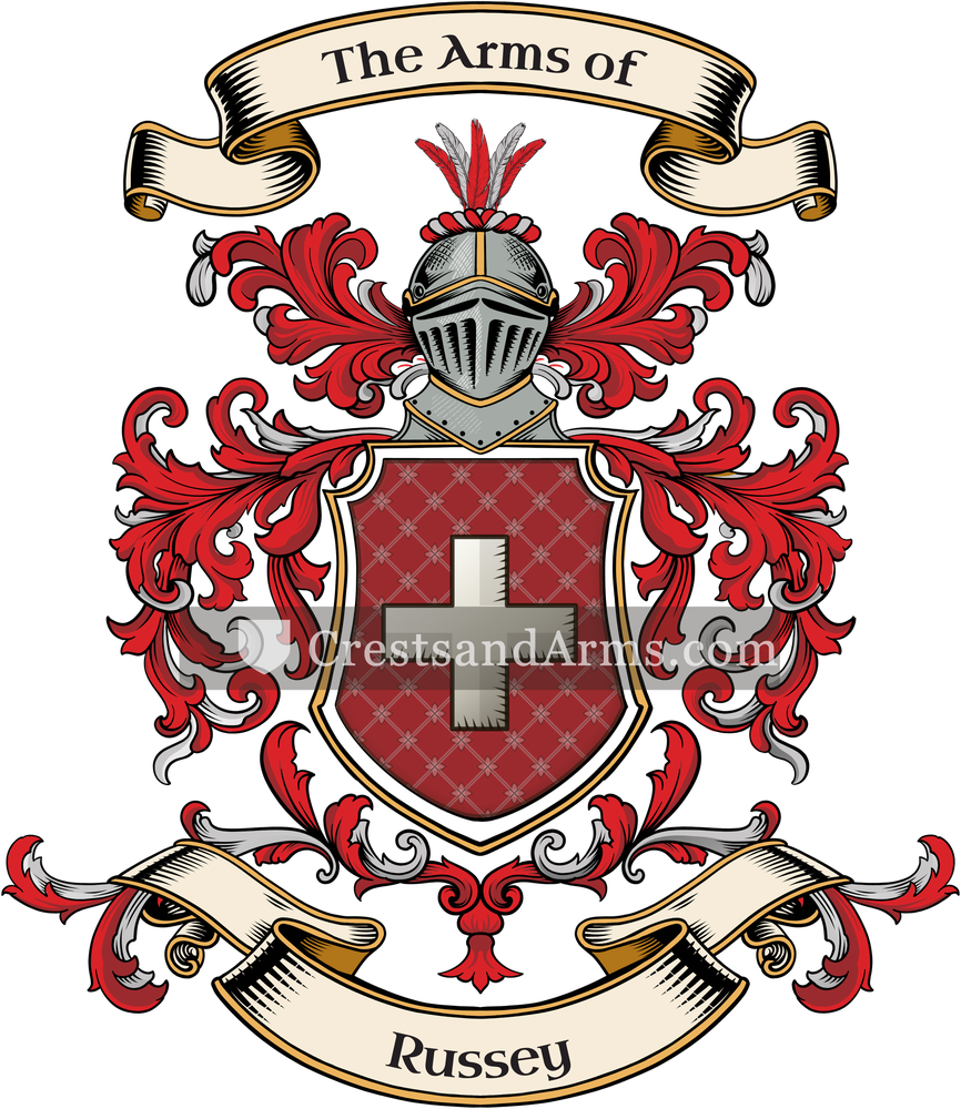 The Russey coat of arms, drawn from the recorded blazon
