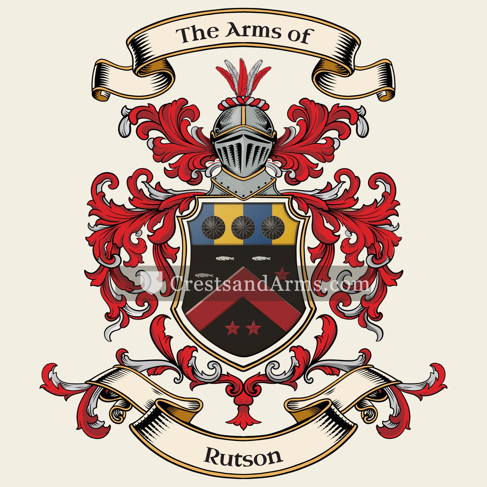 The Rutson coat of arms, drawn from the recorded blazon