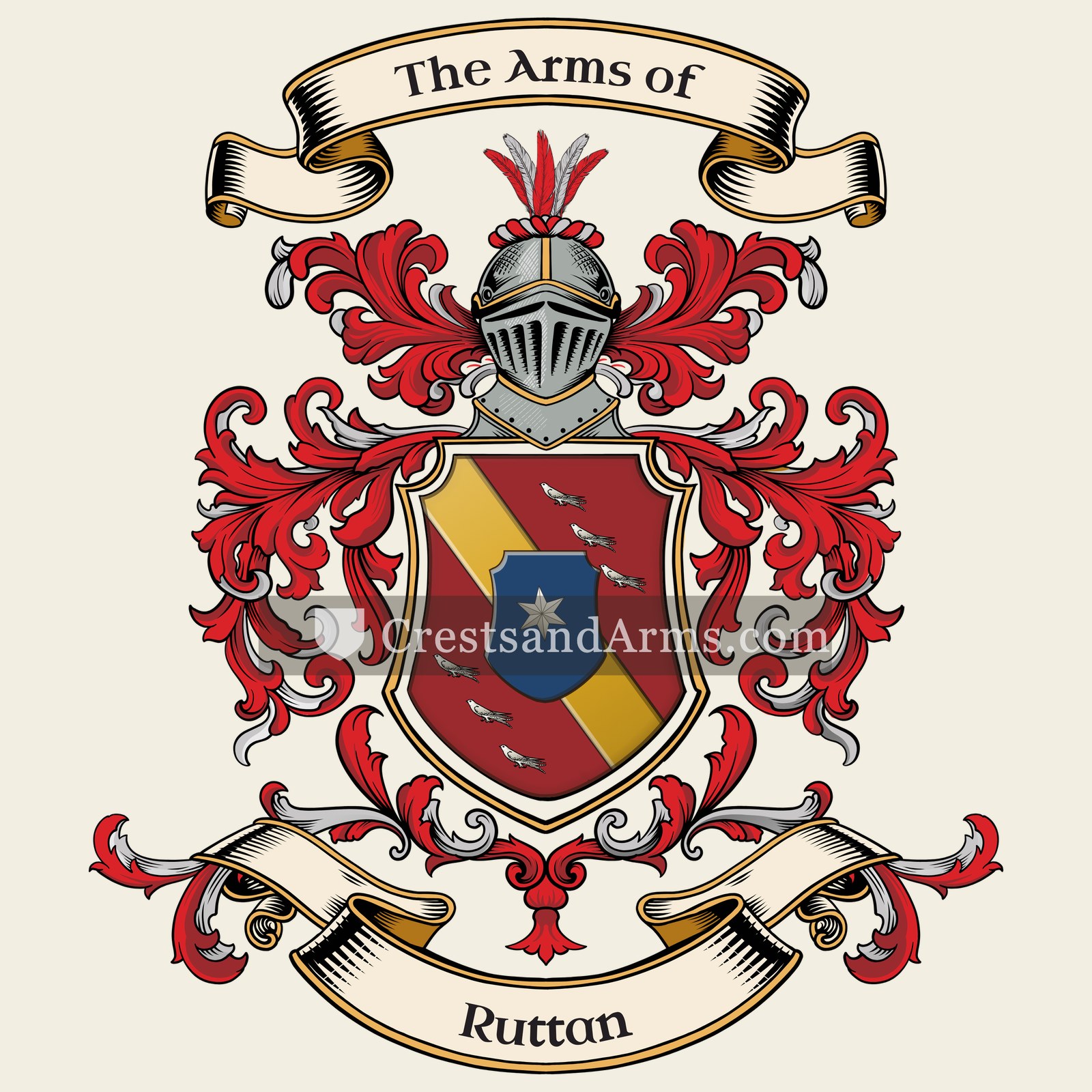 The Ruttan coat of arms, drawn from the recorded blazon