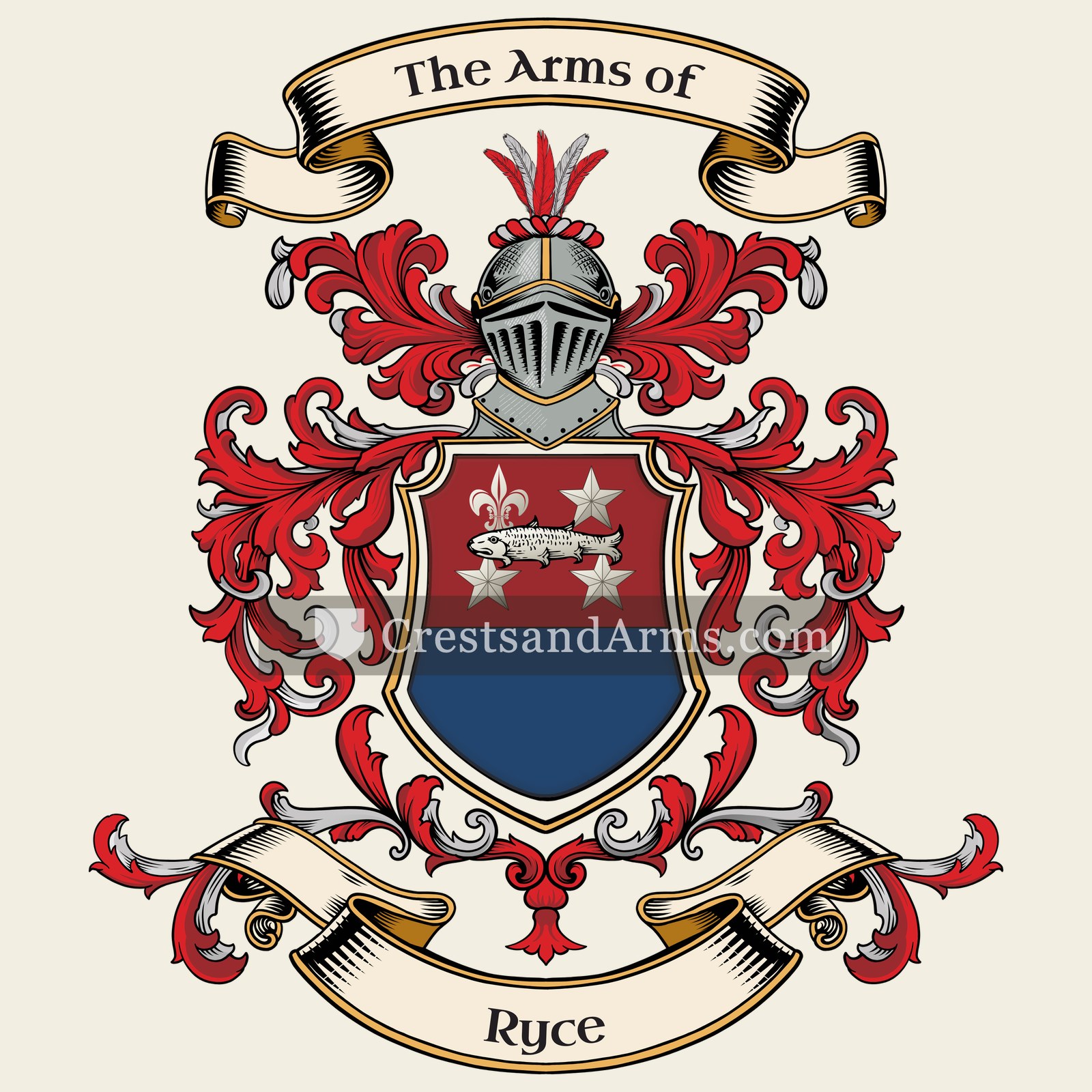 The Ryce coat of arms, drawn from the recorded blazon
