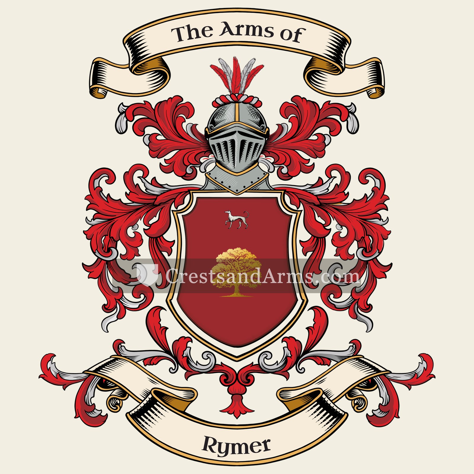 The Rymer coat of arms, drawn from the recorded blazon