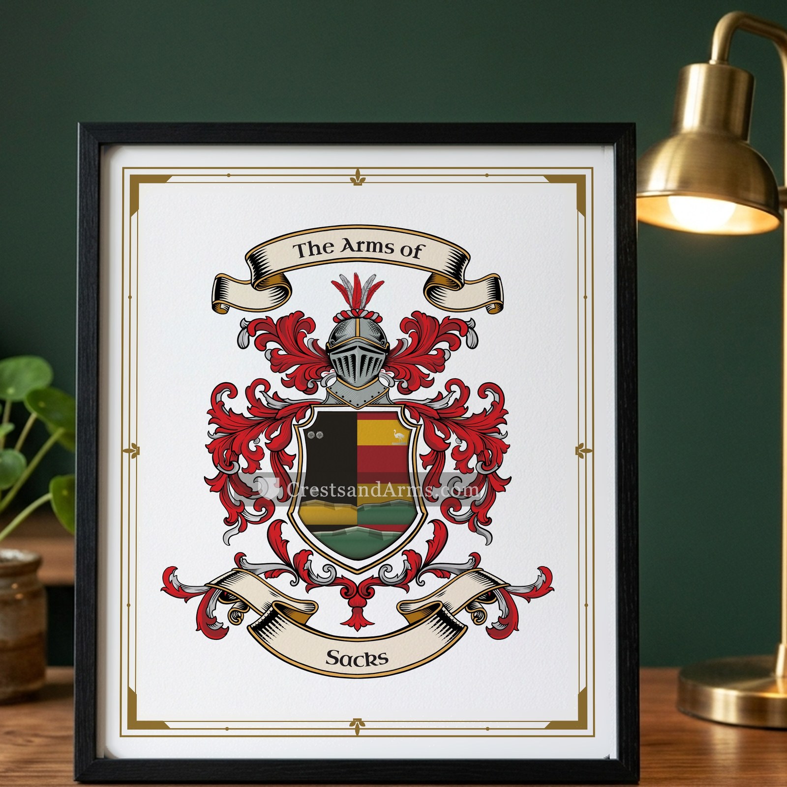The Sacks arms on the framed, black wood