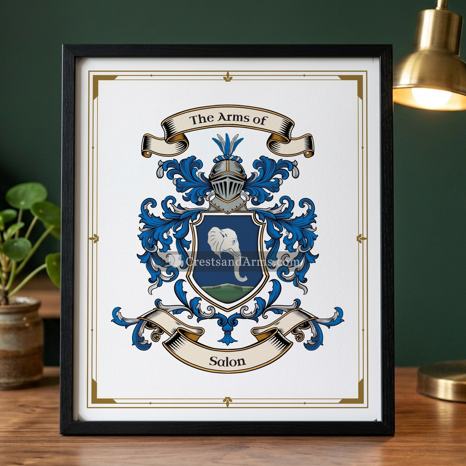 The Salon arms on the framed, black wood