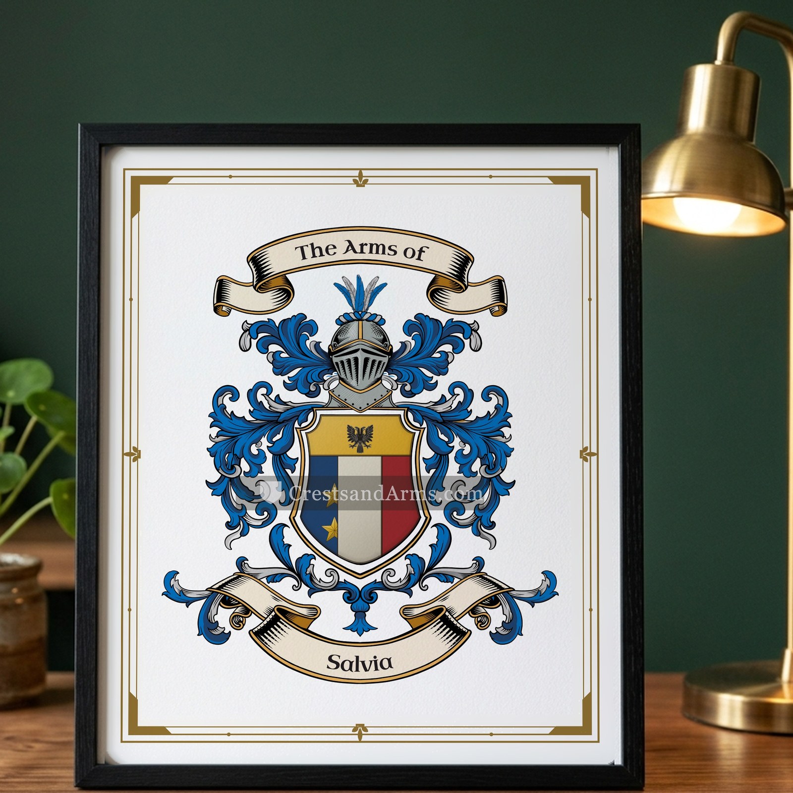 The Salvia arms on the framed, black wood