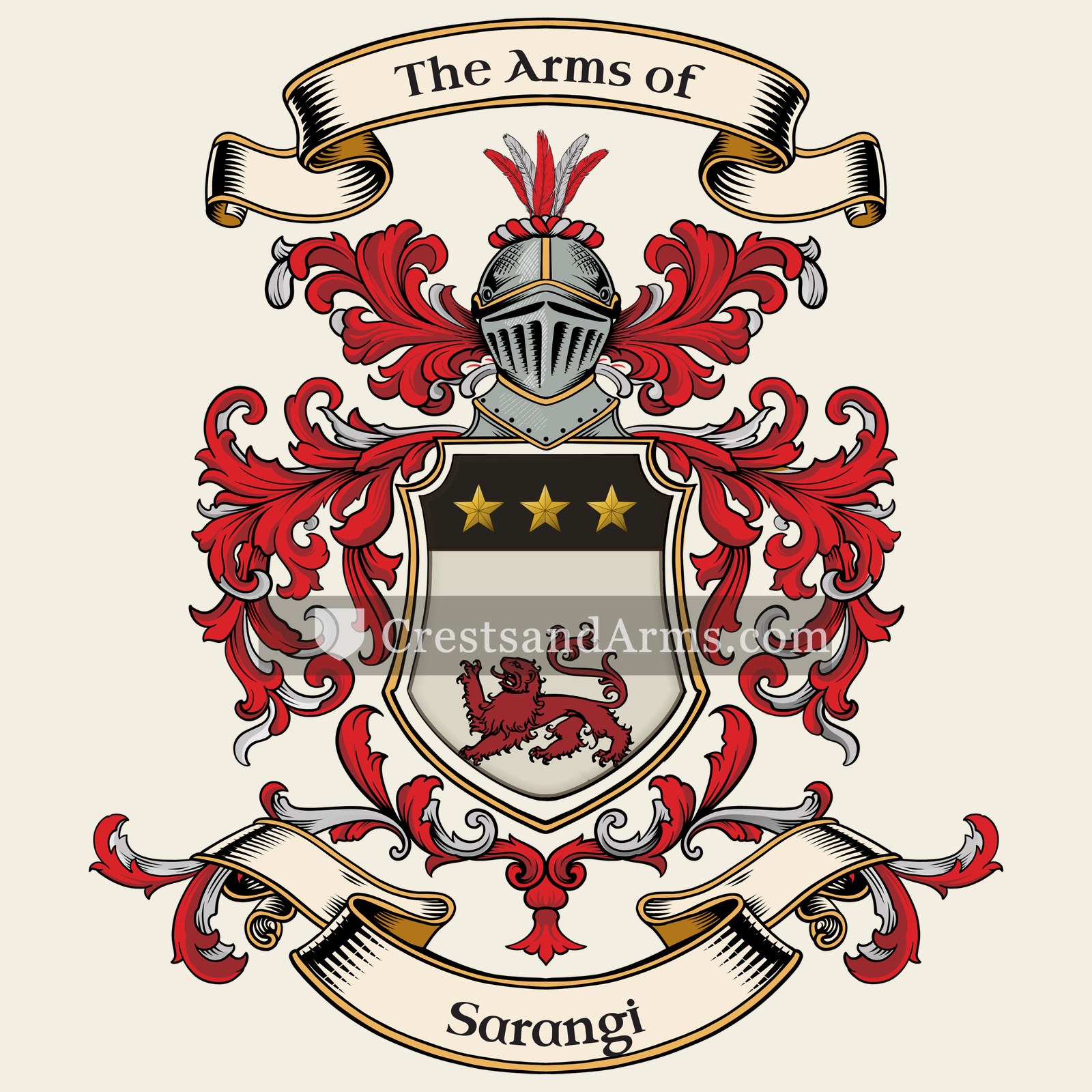 The Sarangi coat of arms, drawn from the recorded blazon