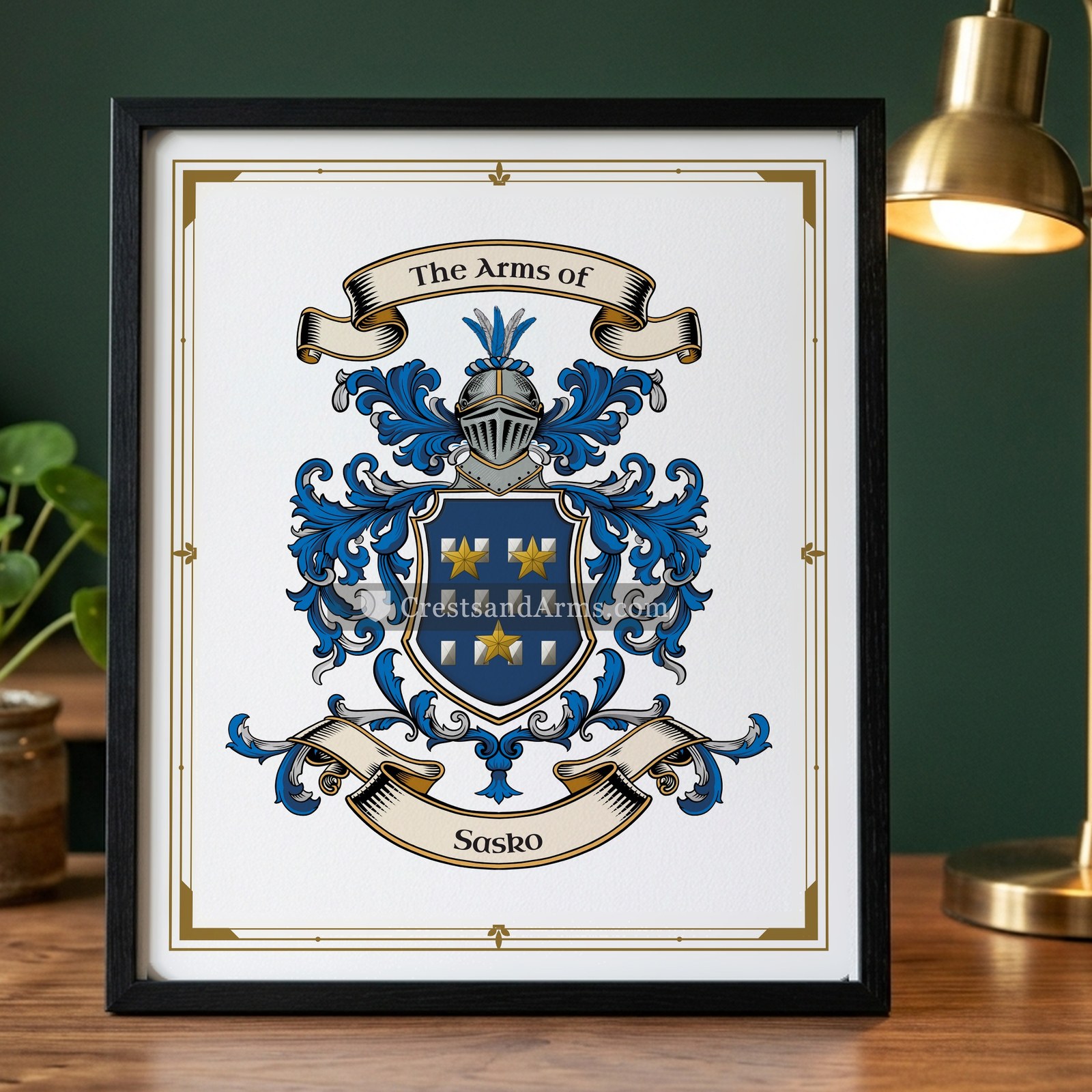 The Sasko arms on the framed, black wood