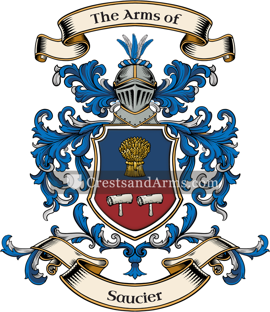 The Saucier coat of arms, drawn from the recorded blazon