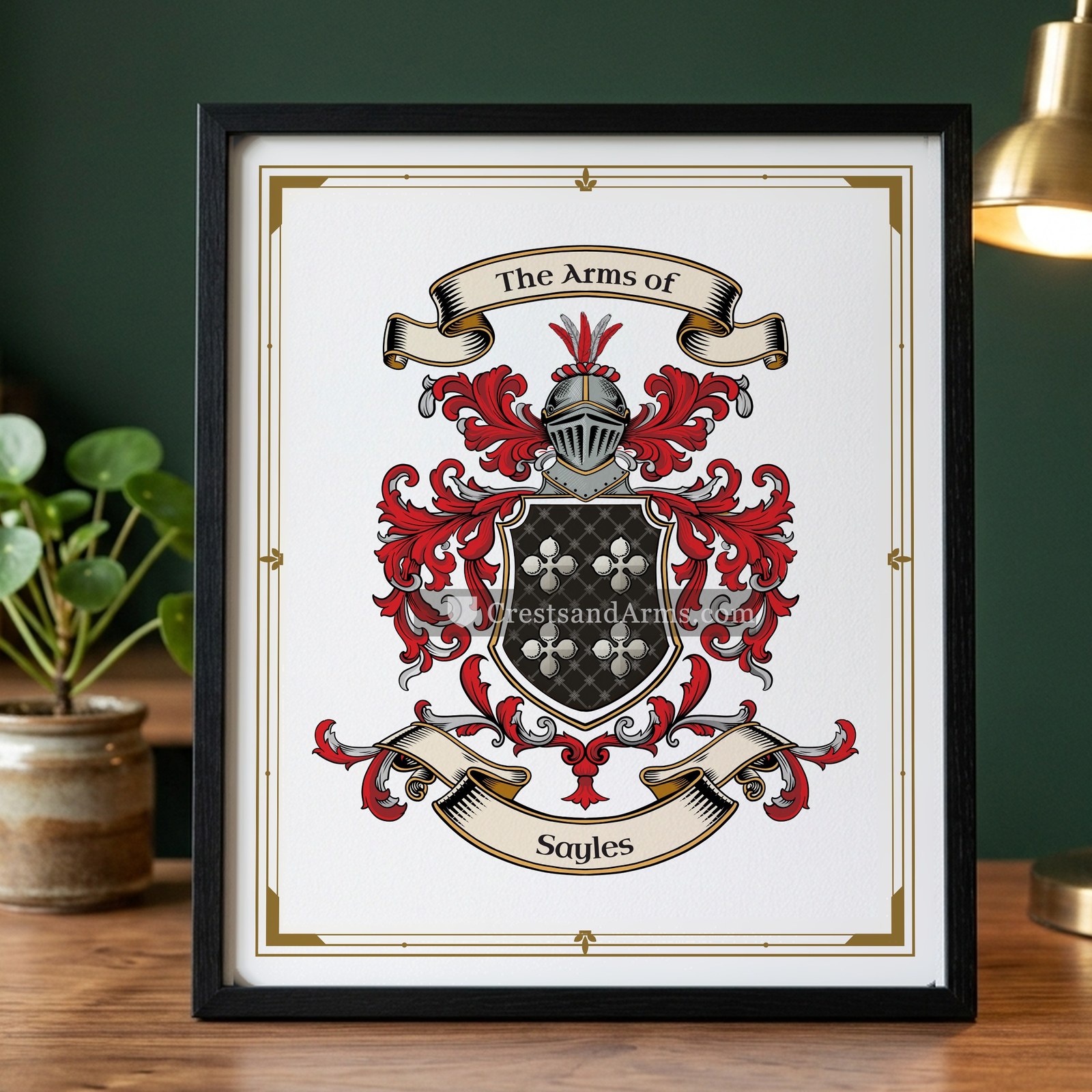 The Sayles arms on the framed, black wood
