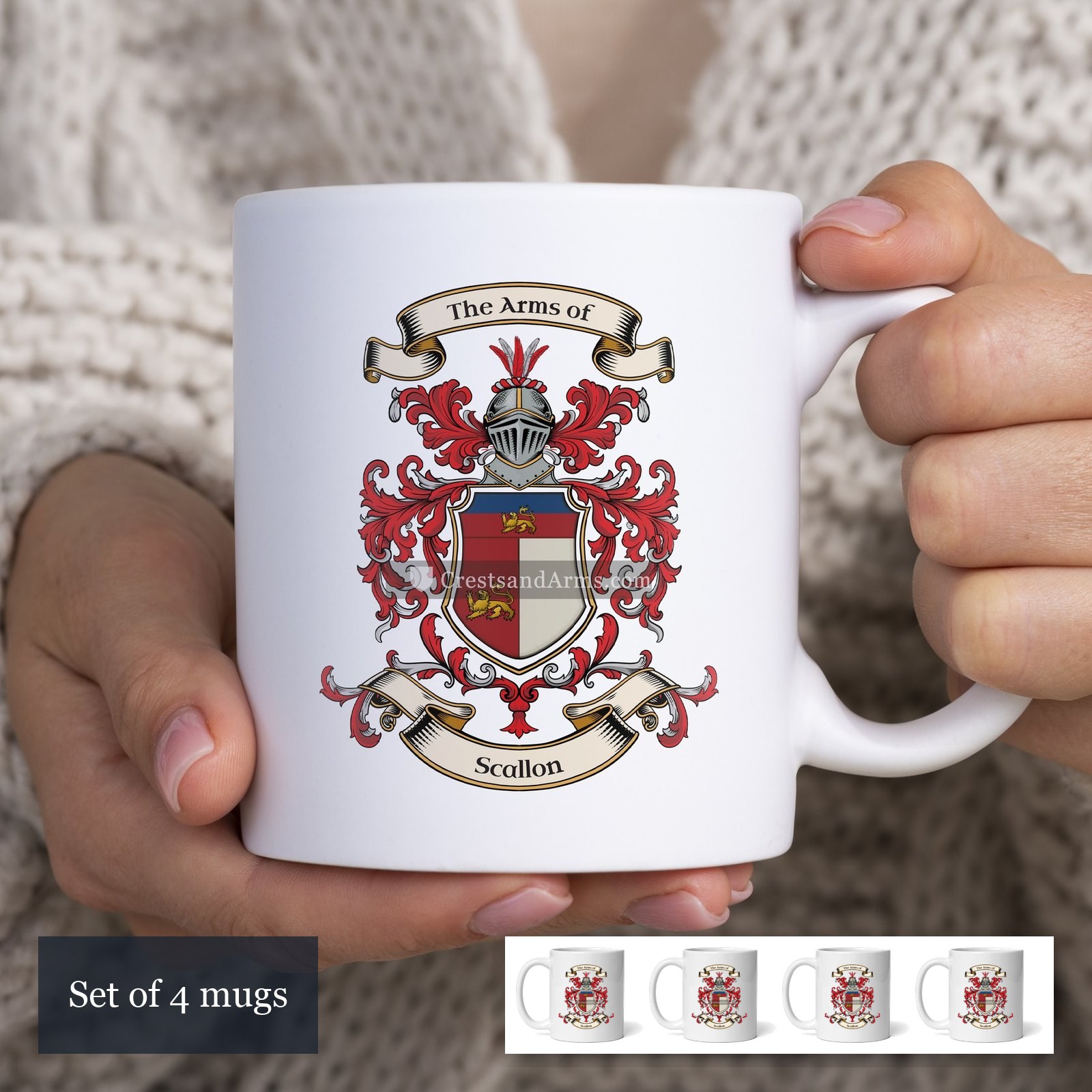 The Scallon arms on the set of 4 mugs