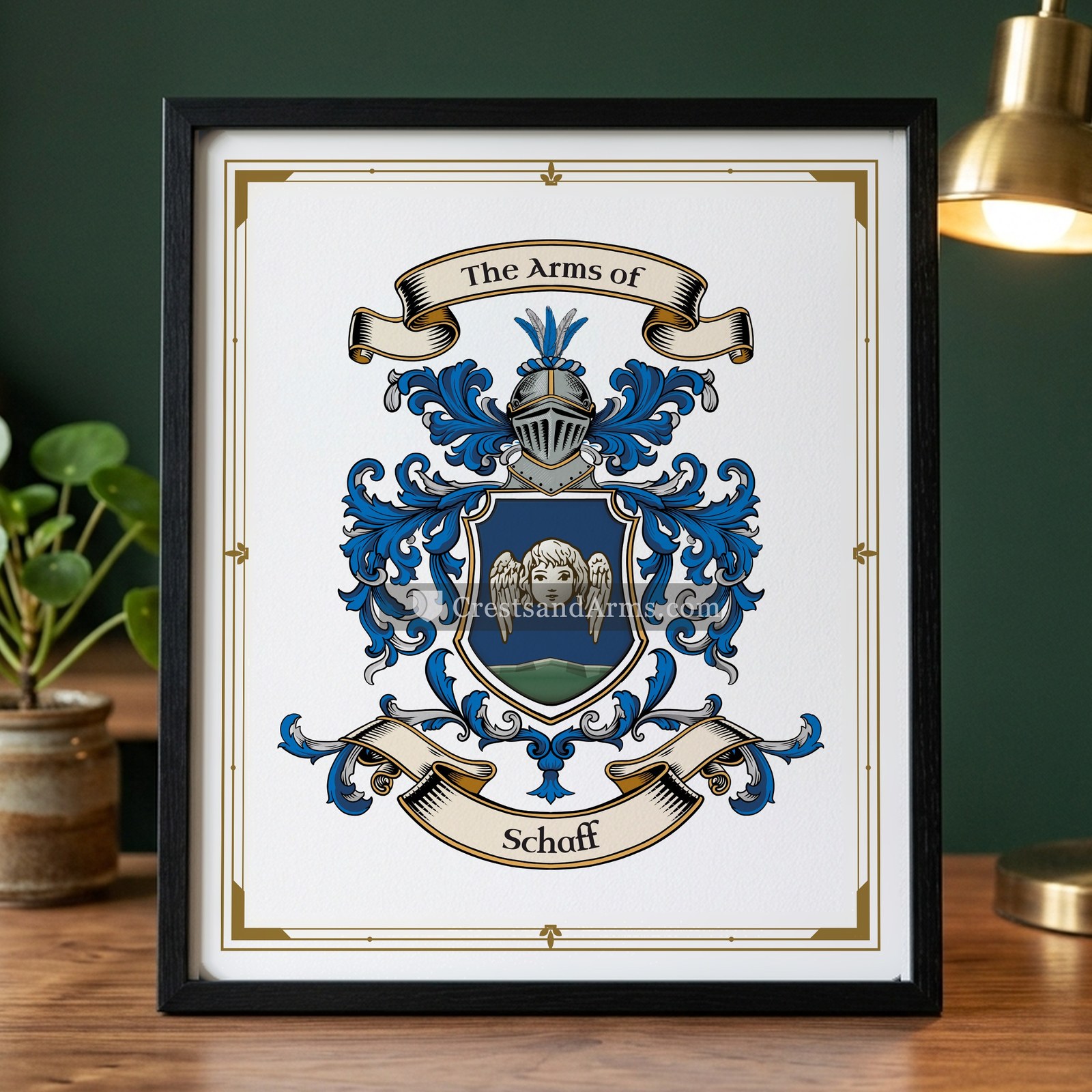 The Schaff arms on the framed, black wood