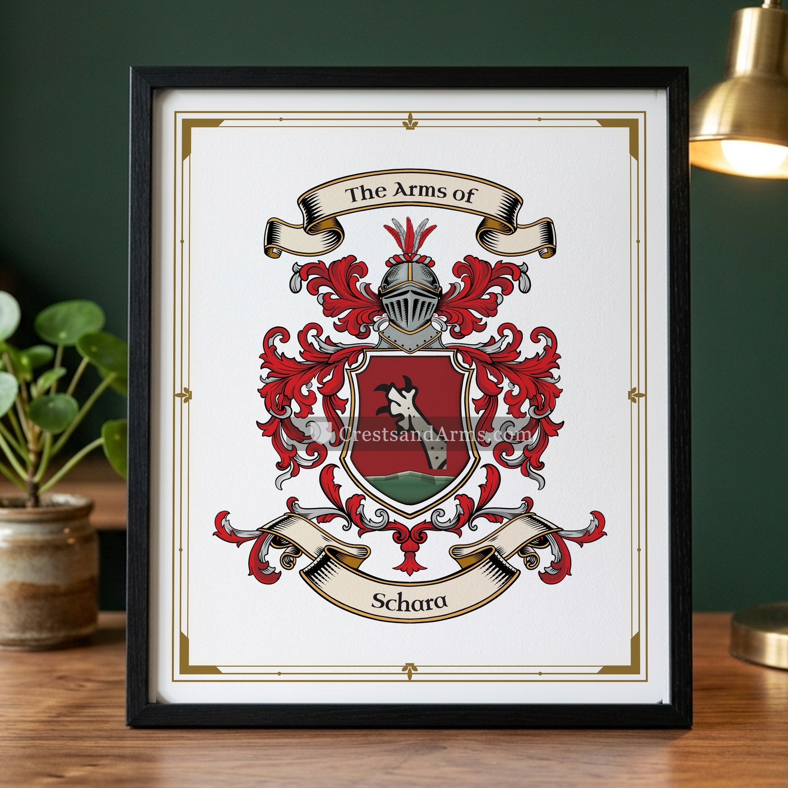 The Schara arms on the framed, black wood