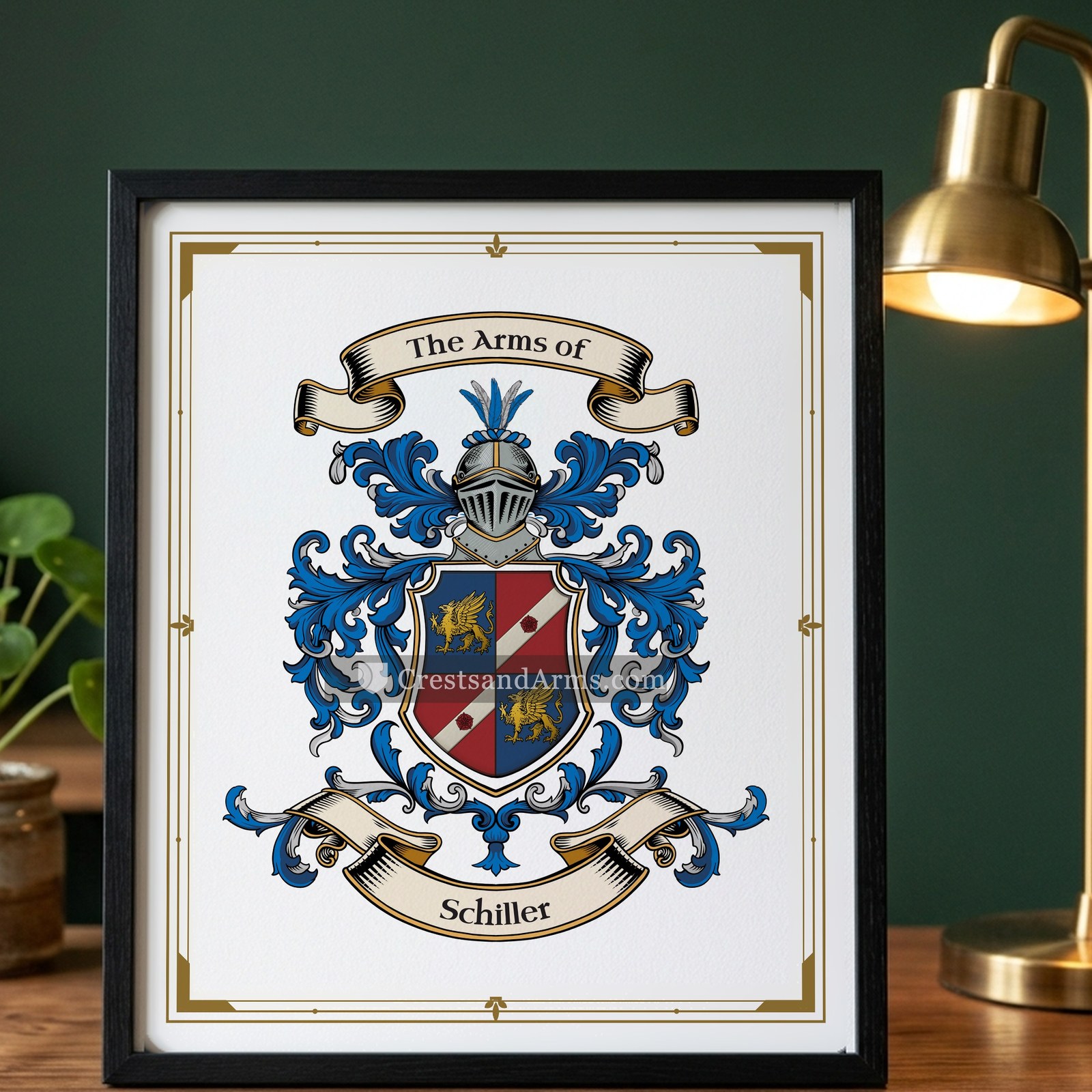 The Schiller arms on the framed, black wood