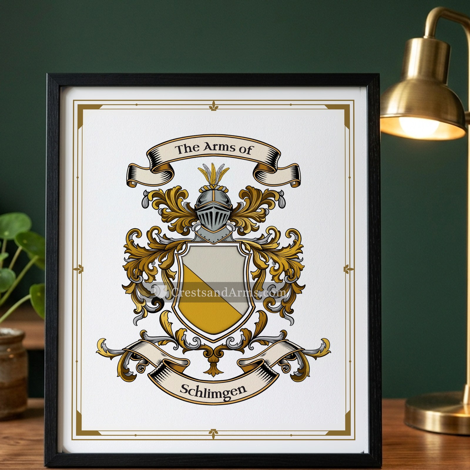 The Schlimgen arms on the framed, black wood