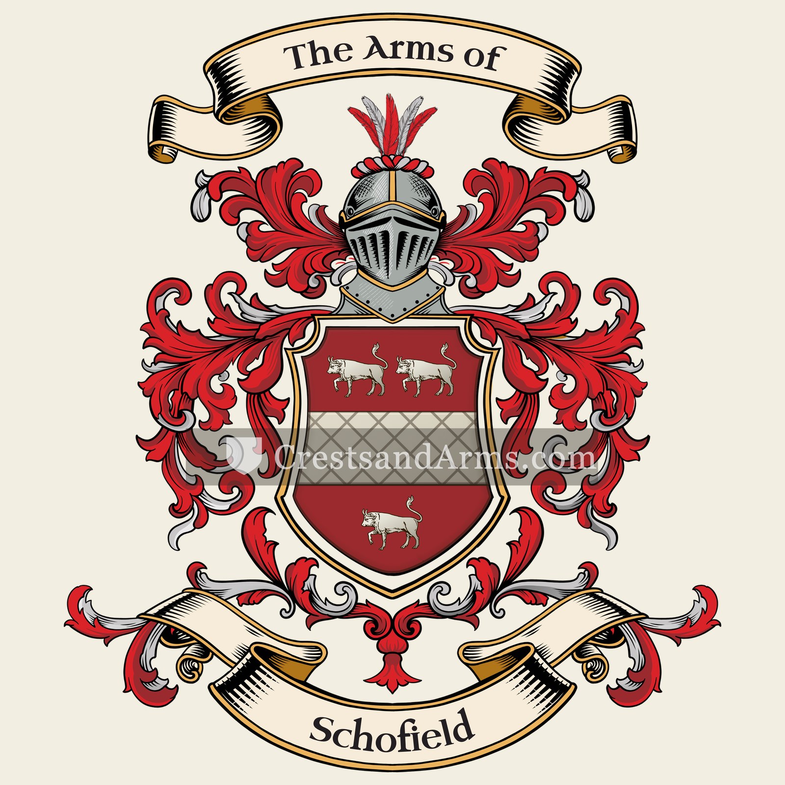 The Schofield coat of arms, drawn from the recorded blazon