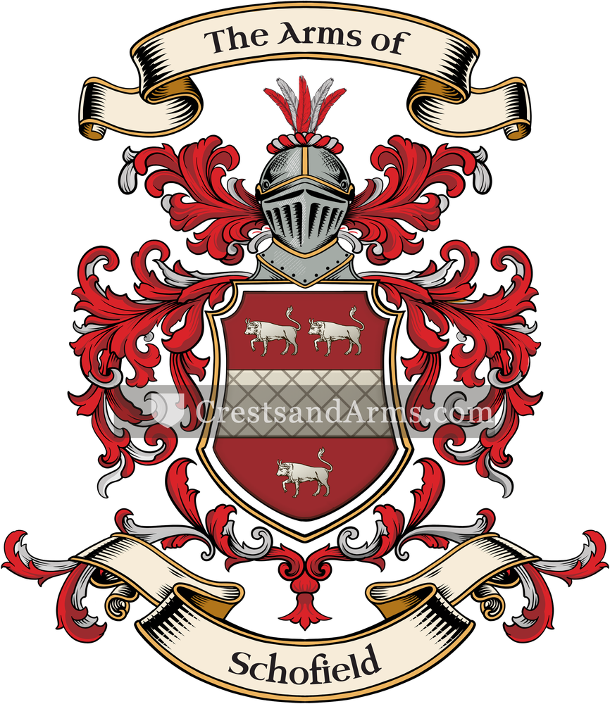 The Schofield coat of arms, drawn from the recorded blazon