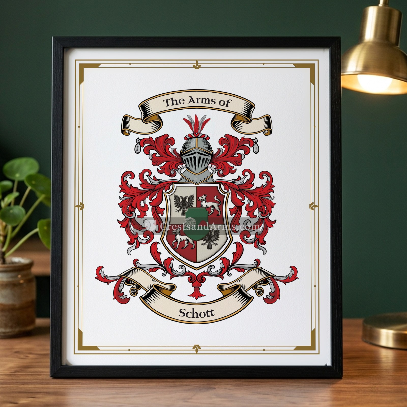 The Schott arms on the framed, black wood