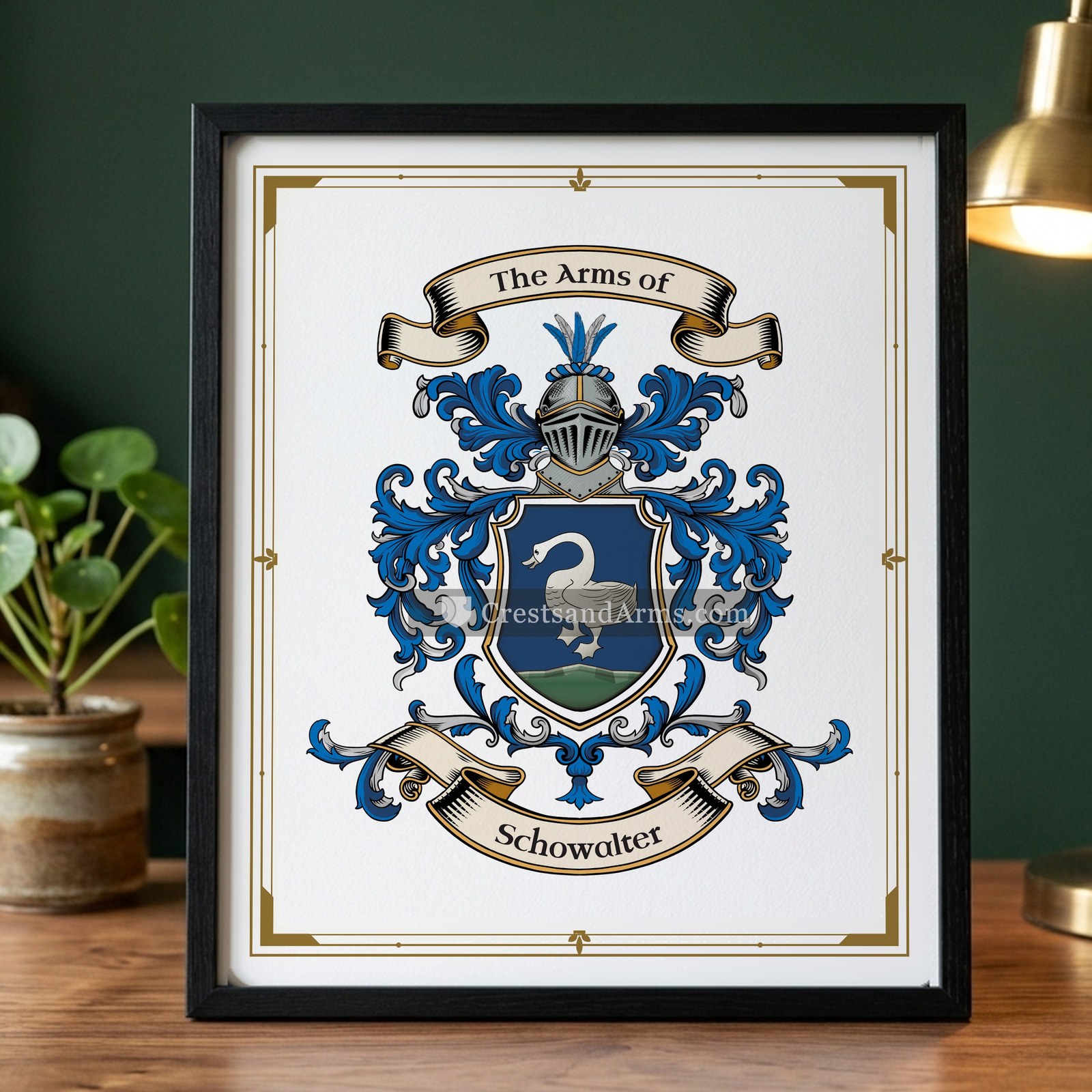 The Schowalter arms on the framed, black wood