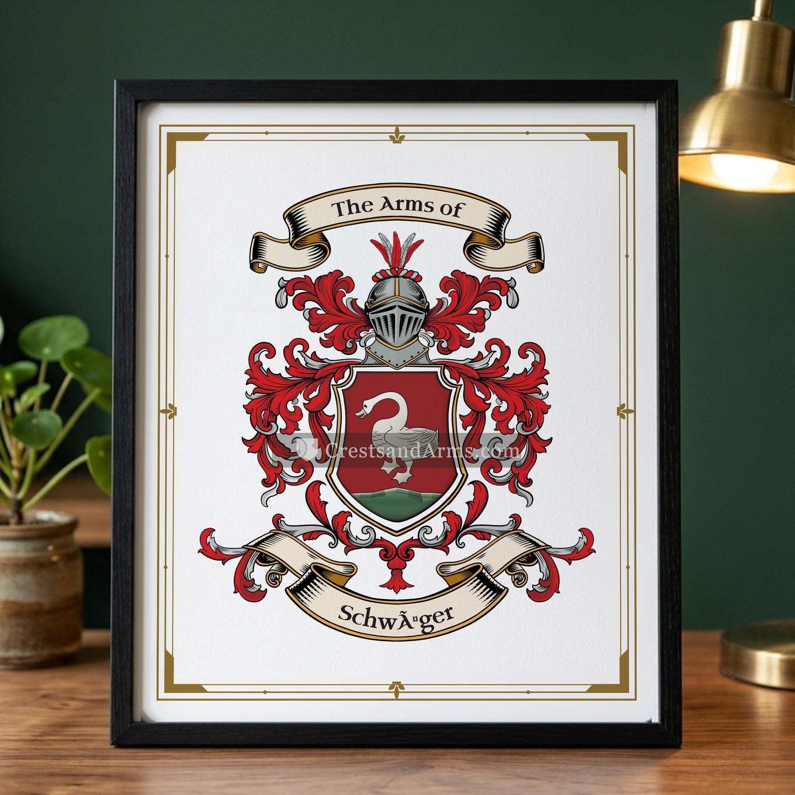The Schwäger arms on the framed, black wood