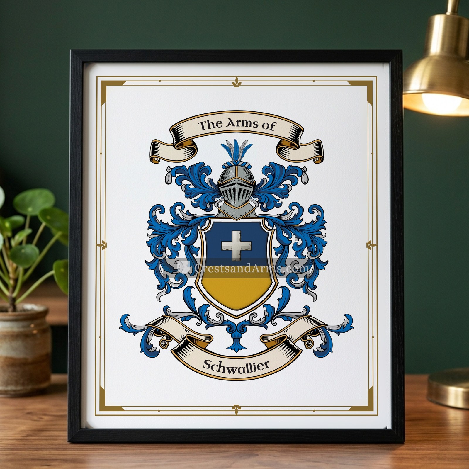 The Schwallier arms on the framed, black wood