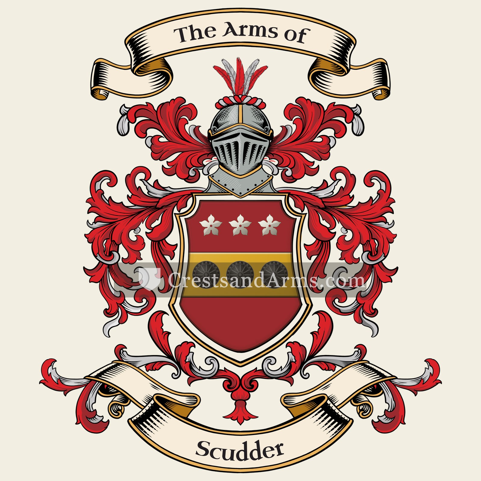 The Scudder coat of arms, drawn from the recorded blazon