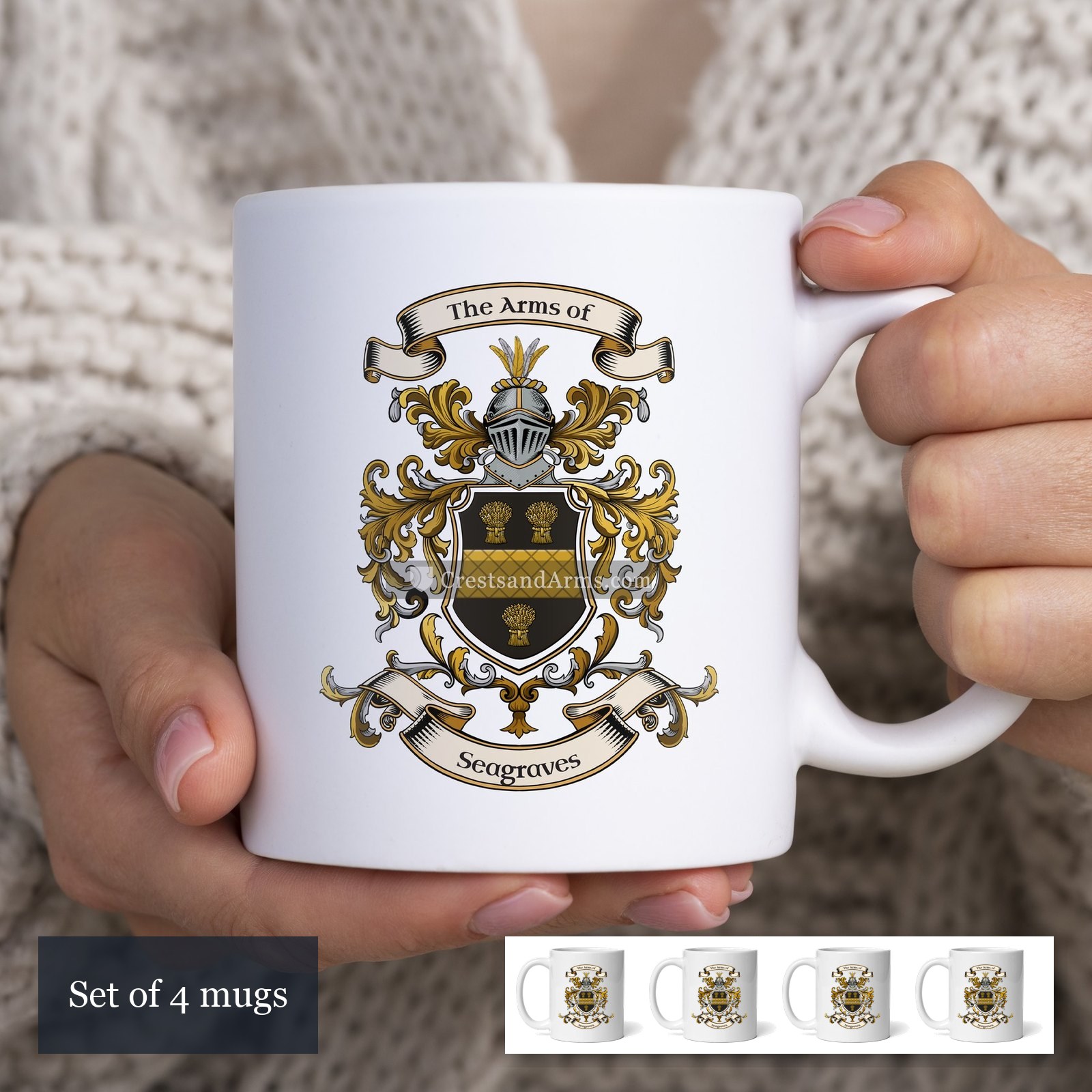The Seagraves arms on the set of 4 mugs