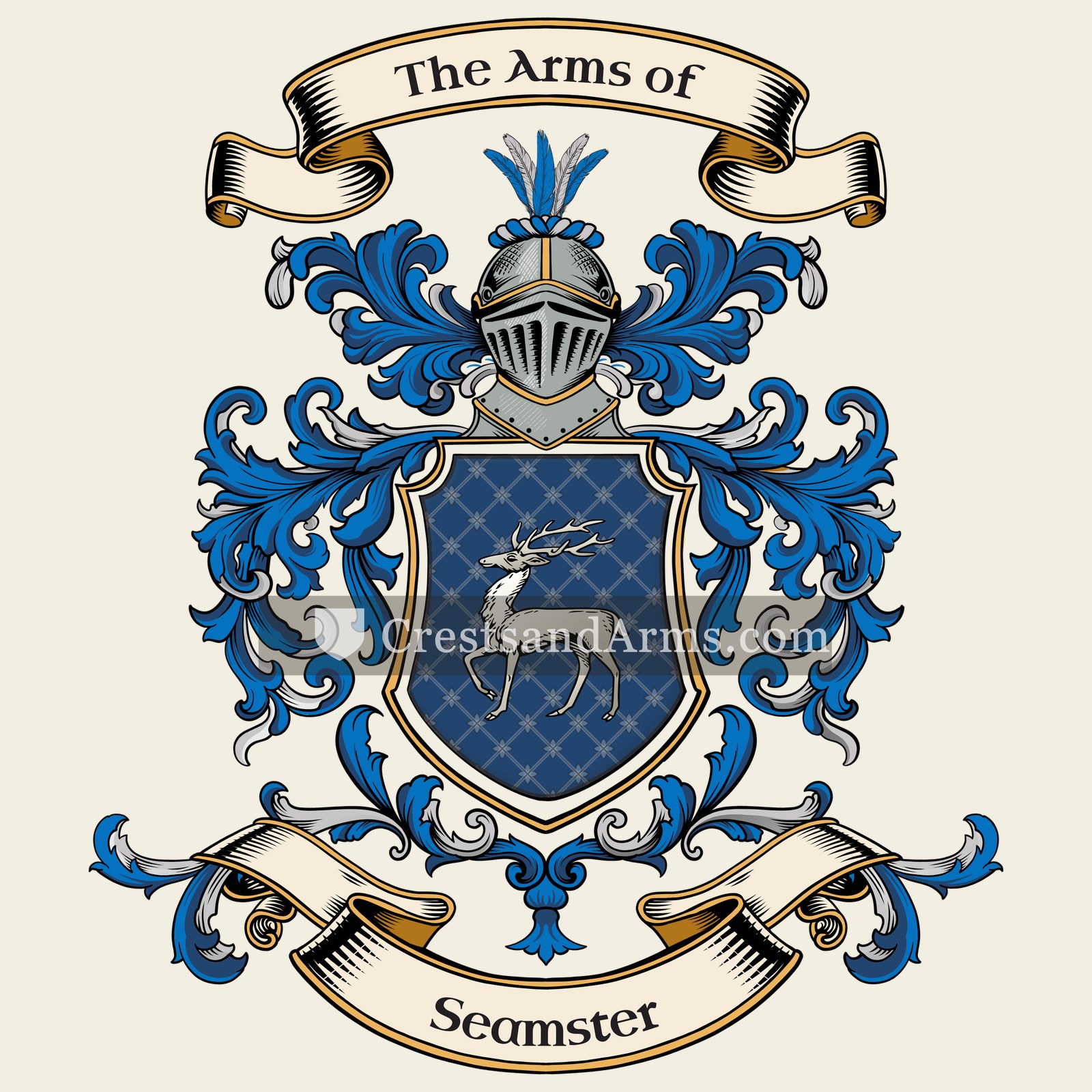 The Seamster coat of arms, drawn from the recorded blazon