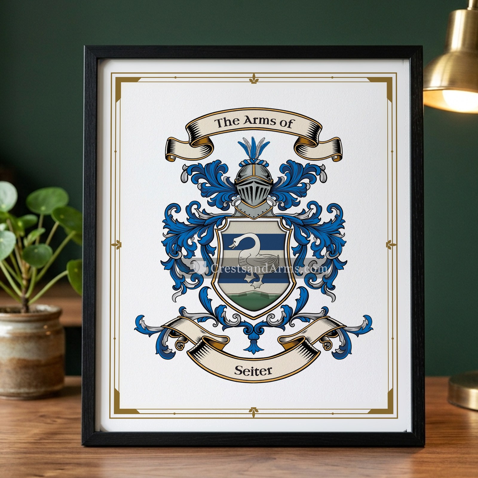 The Seiter arms on the framed, black wood