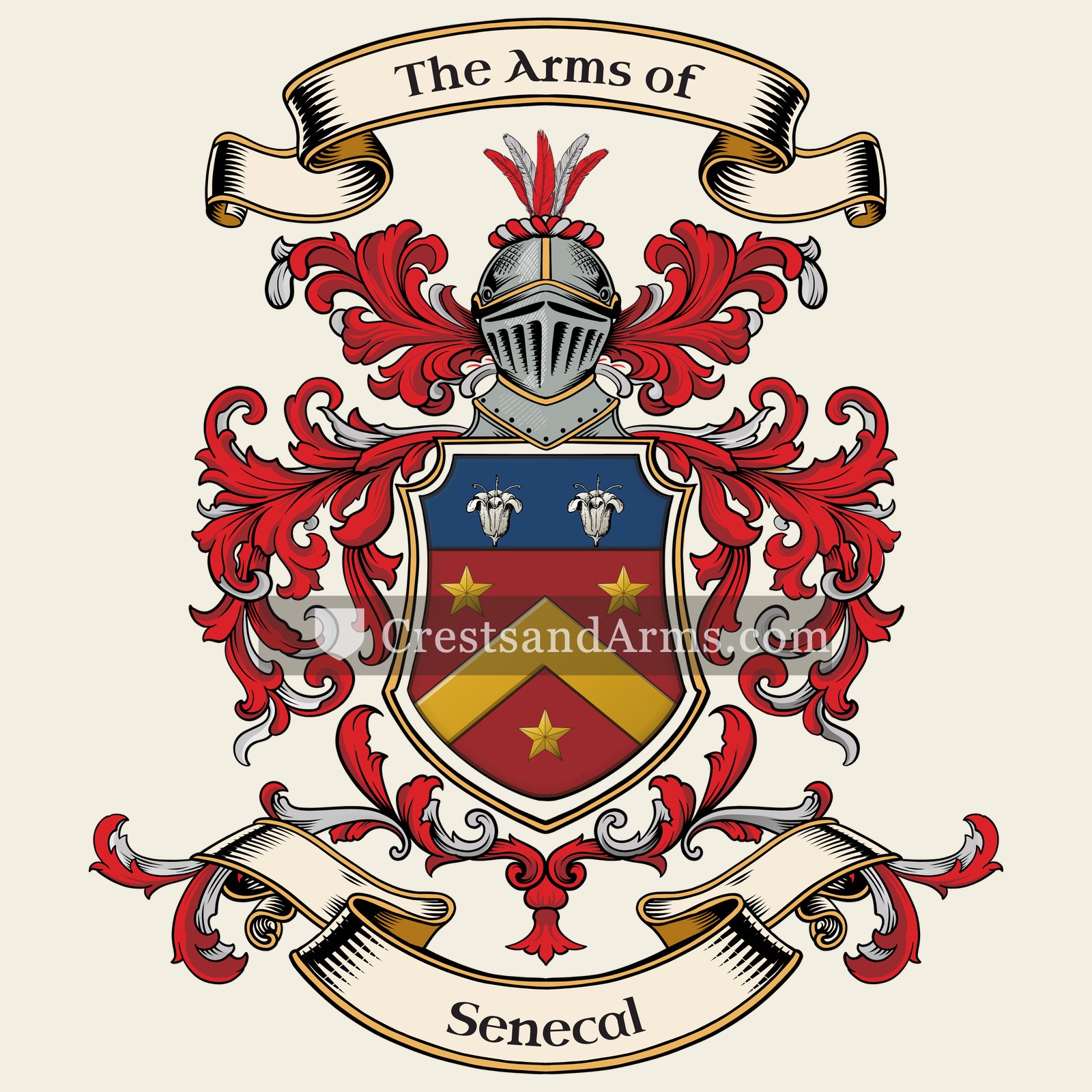 The Senecal coat of arms, drawn from the recorded blazon