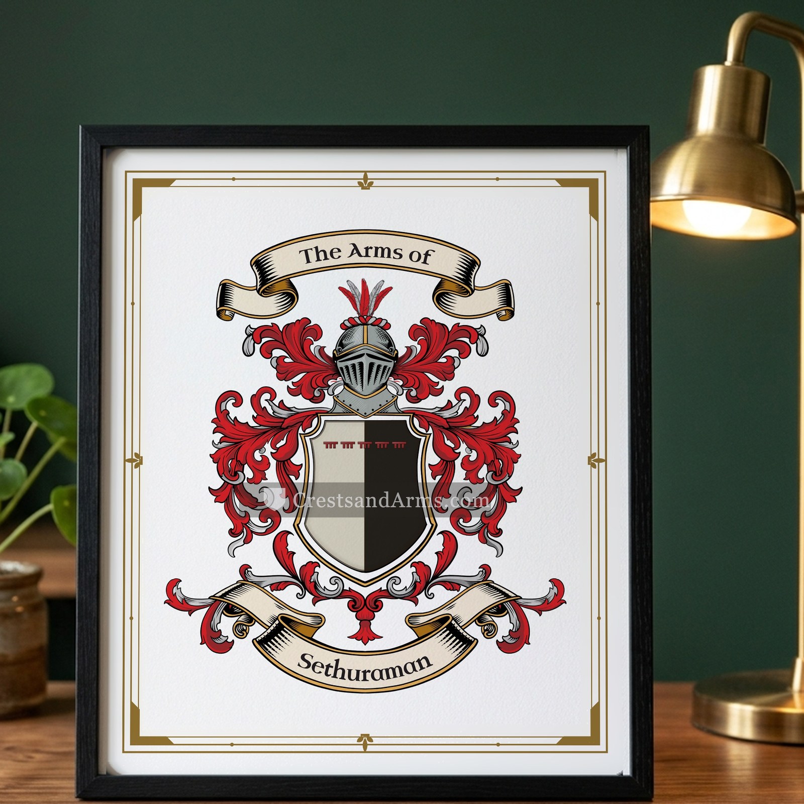 The Sethuraman arms on the framed, black wood