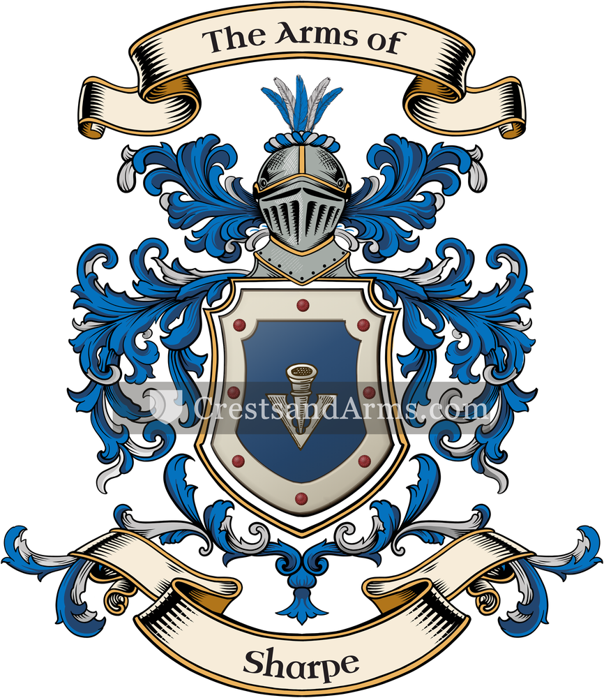The Sharpe coat of arms, drawn from the recorded blazon