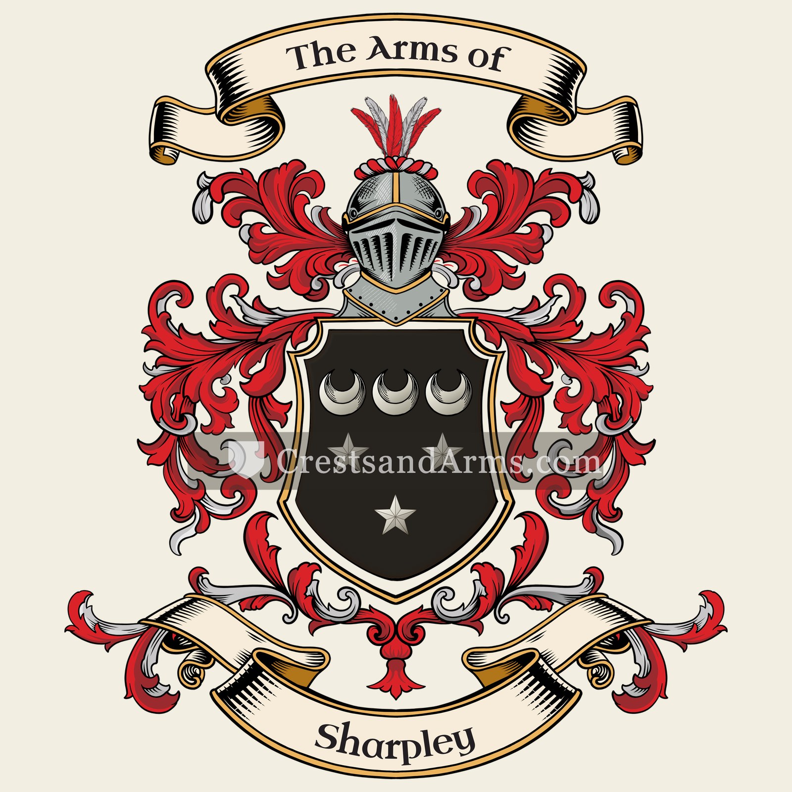 The Sharpley coat of arms, drawn from the recorded blazon
