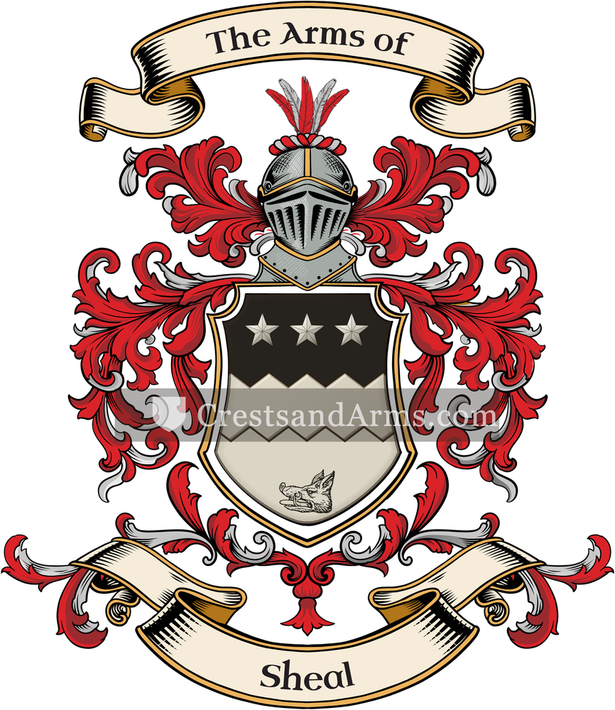 The Sheal coat of arms, drawn from the recorded blazon
