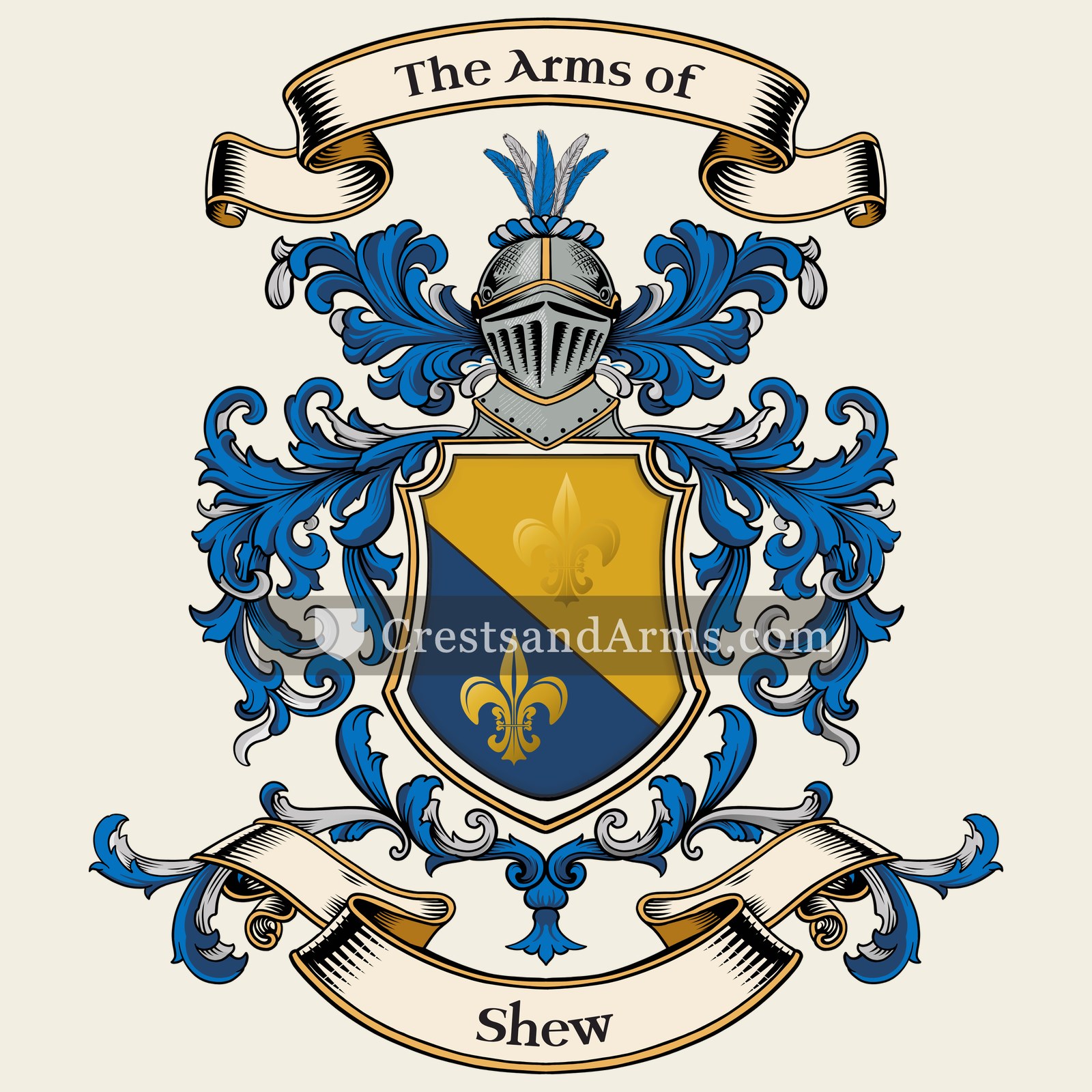The Shew coat of arms, drawn from the recorded blazon