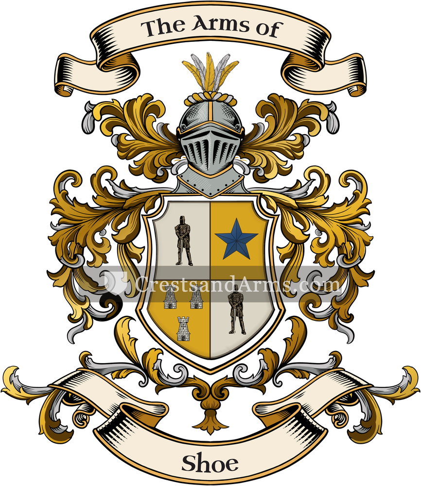 The Shoe coat of arms, drawn from the recorded blazon