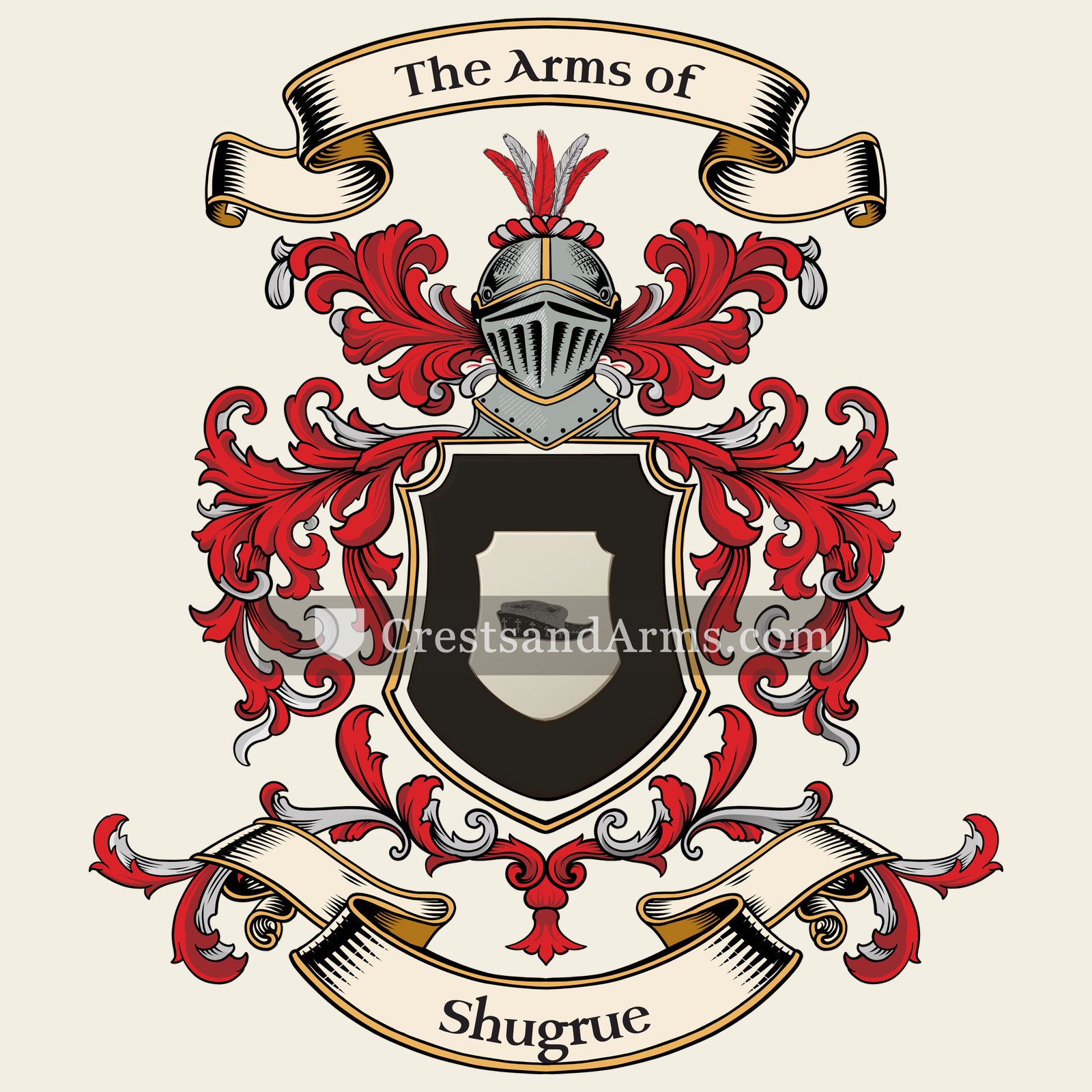 The Shugrue coat of arms, drawn from the recorded blazon