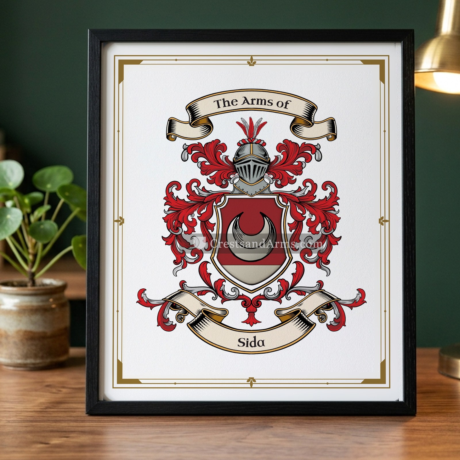 The Sida arms on the framed, black wood