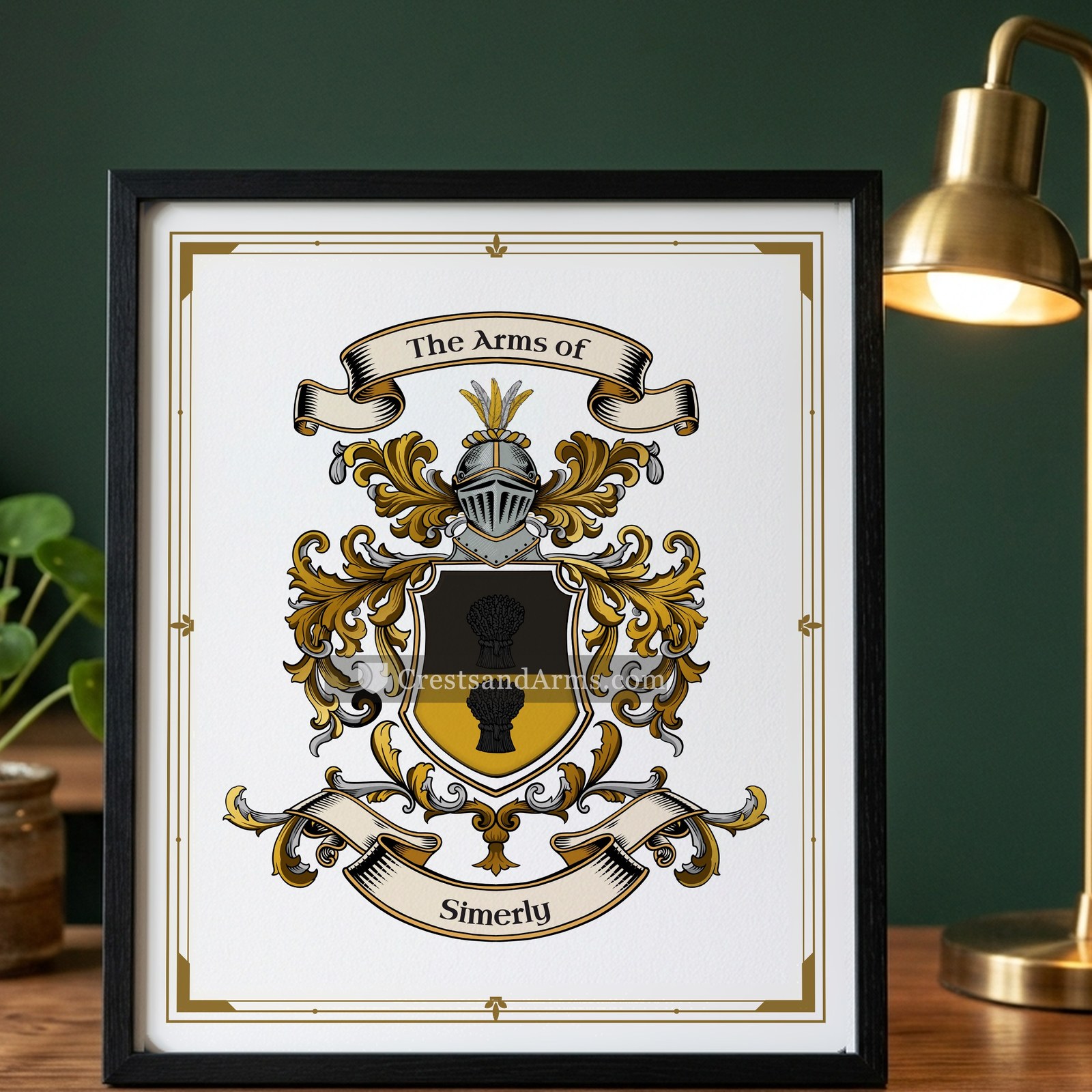 The Simerly arms on the framed, black wood