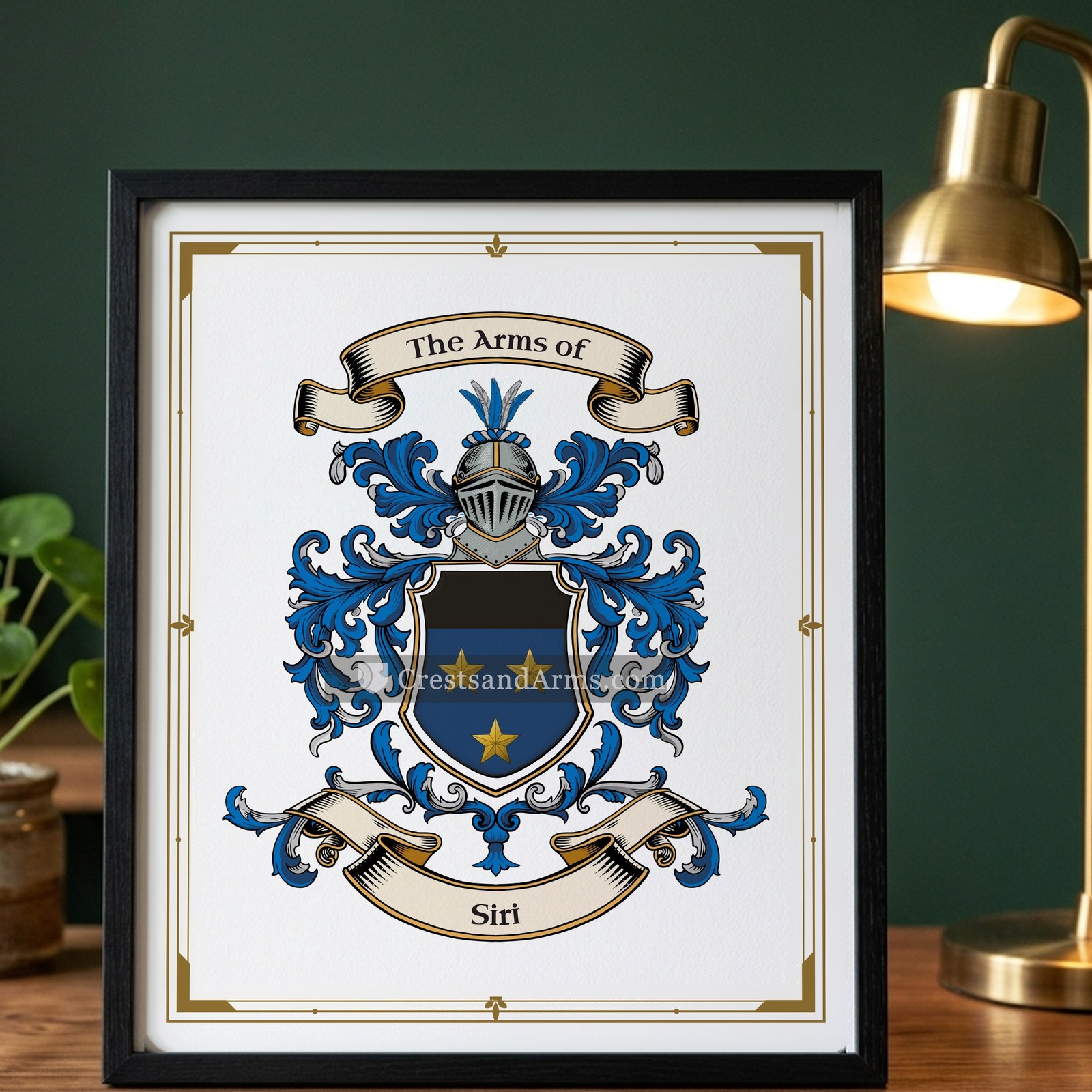 The Siri arms on the framed, black wood
